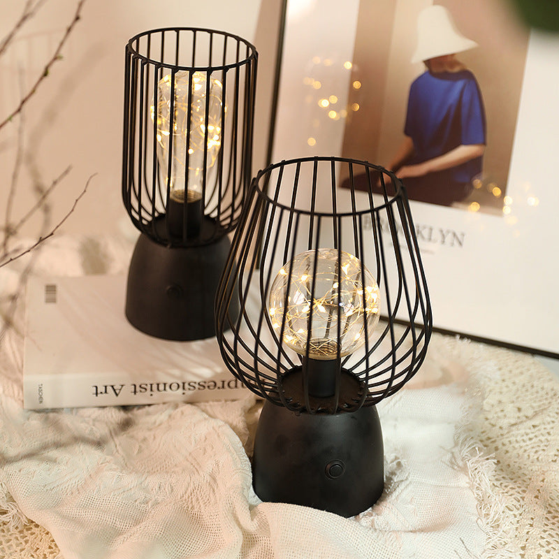 Contemporary Nordic Iron Copper Wire Cylinder Cage Battery LED Table Lamp for Bedside