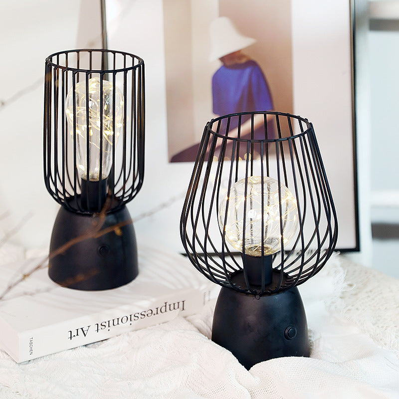 Contemporary Nordic Iron Copper Wire Cylinder Cage Battery LED Table Lamp for Bedside