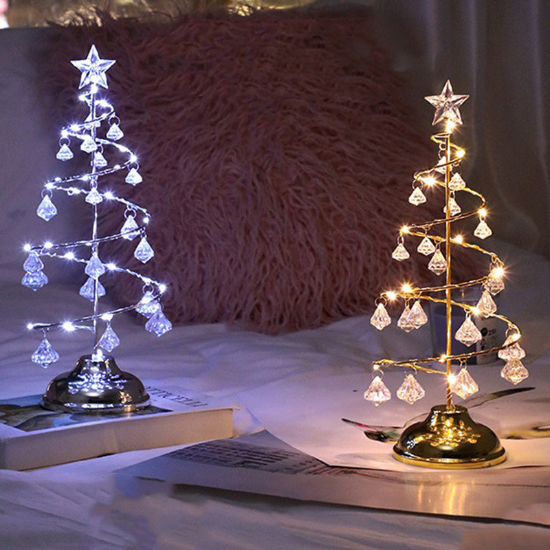 Modern Art Deco Copper Iron Acrylic Plastic Battery Christmas Tree Star LED Table Lamp Night Light for Bedroom