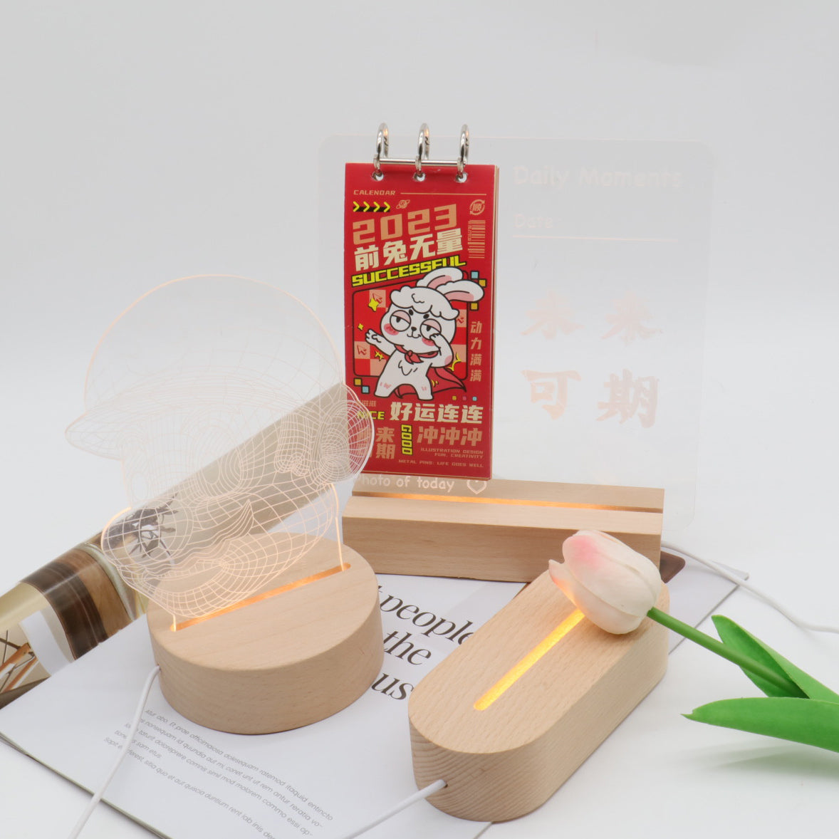 Contemporary Creative Rechargeable Solid Wood LED Table Lamp Night Light for Bedroom