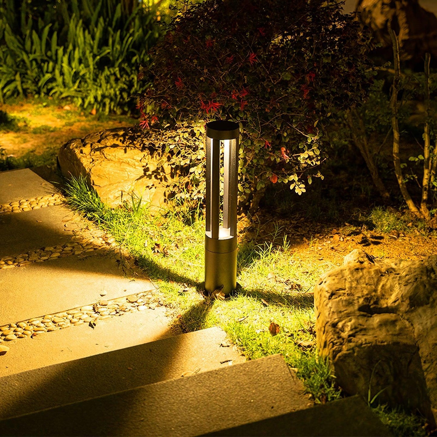 Black Cylindrical Solar Outdoor Post Light - Waterproof LED