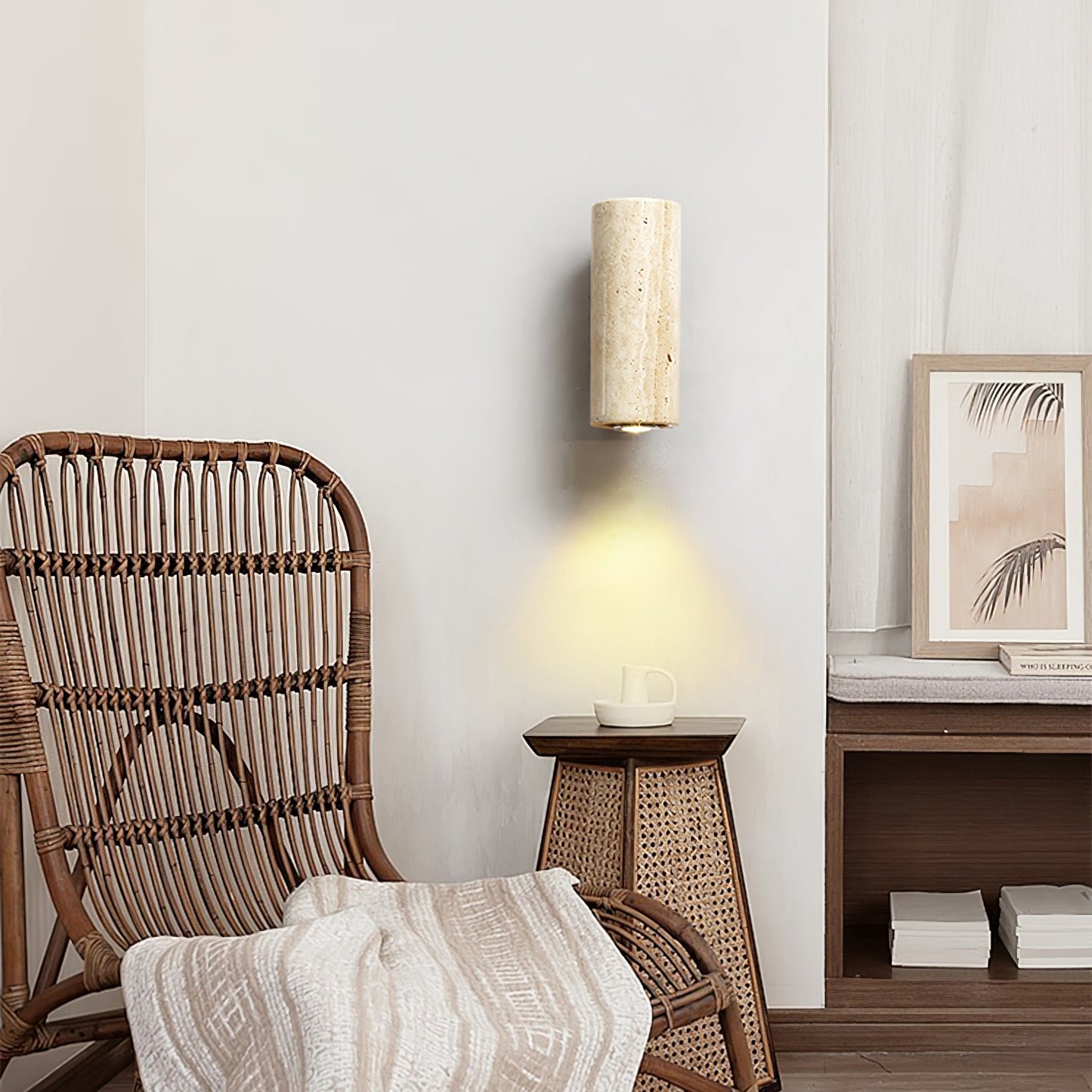 Blend Plug-in Wall Sconce with LED, Dimmable, Travertine