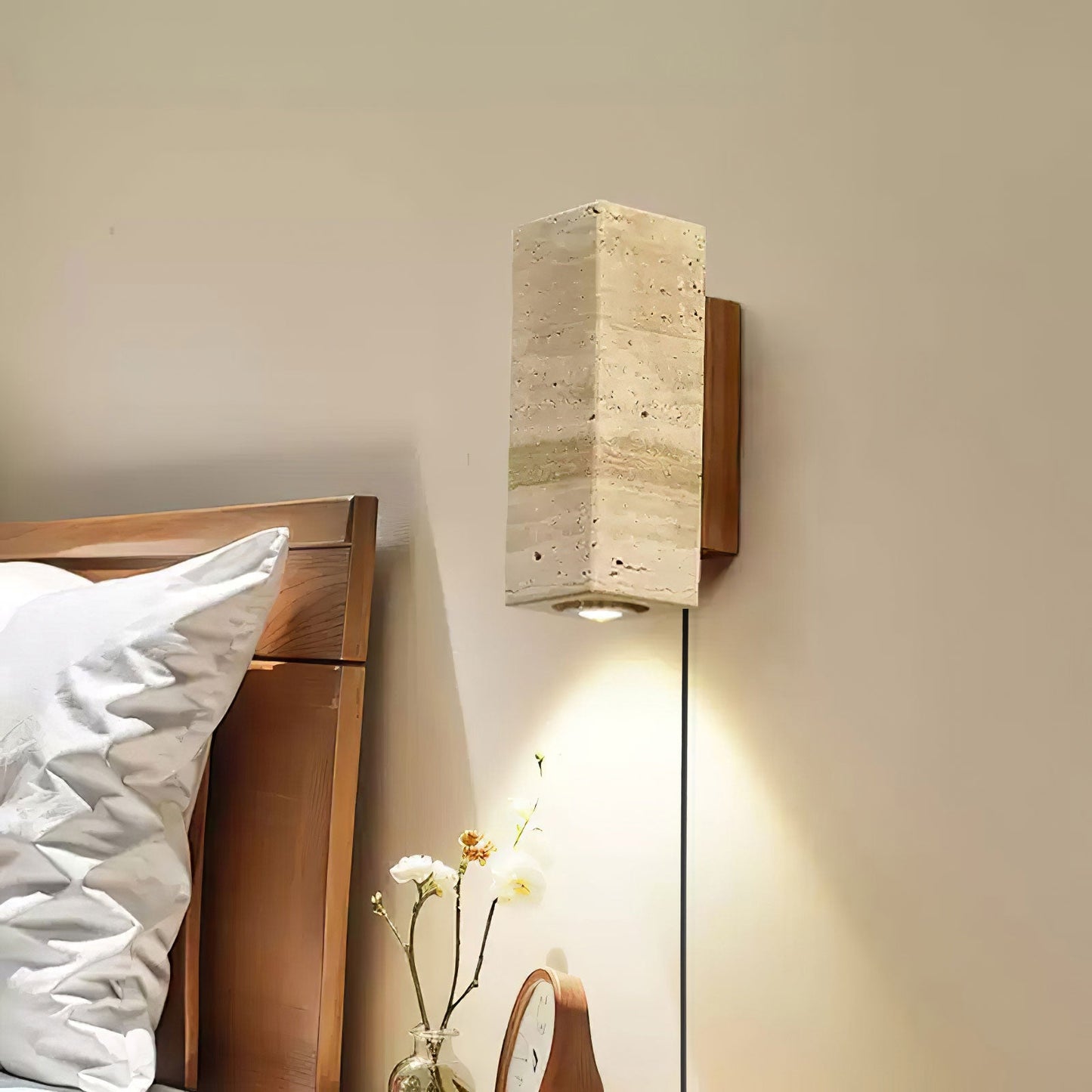 Blend Plug-in Wall Sconce with LED, Dimmable, Travertine