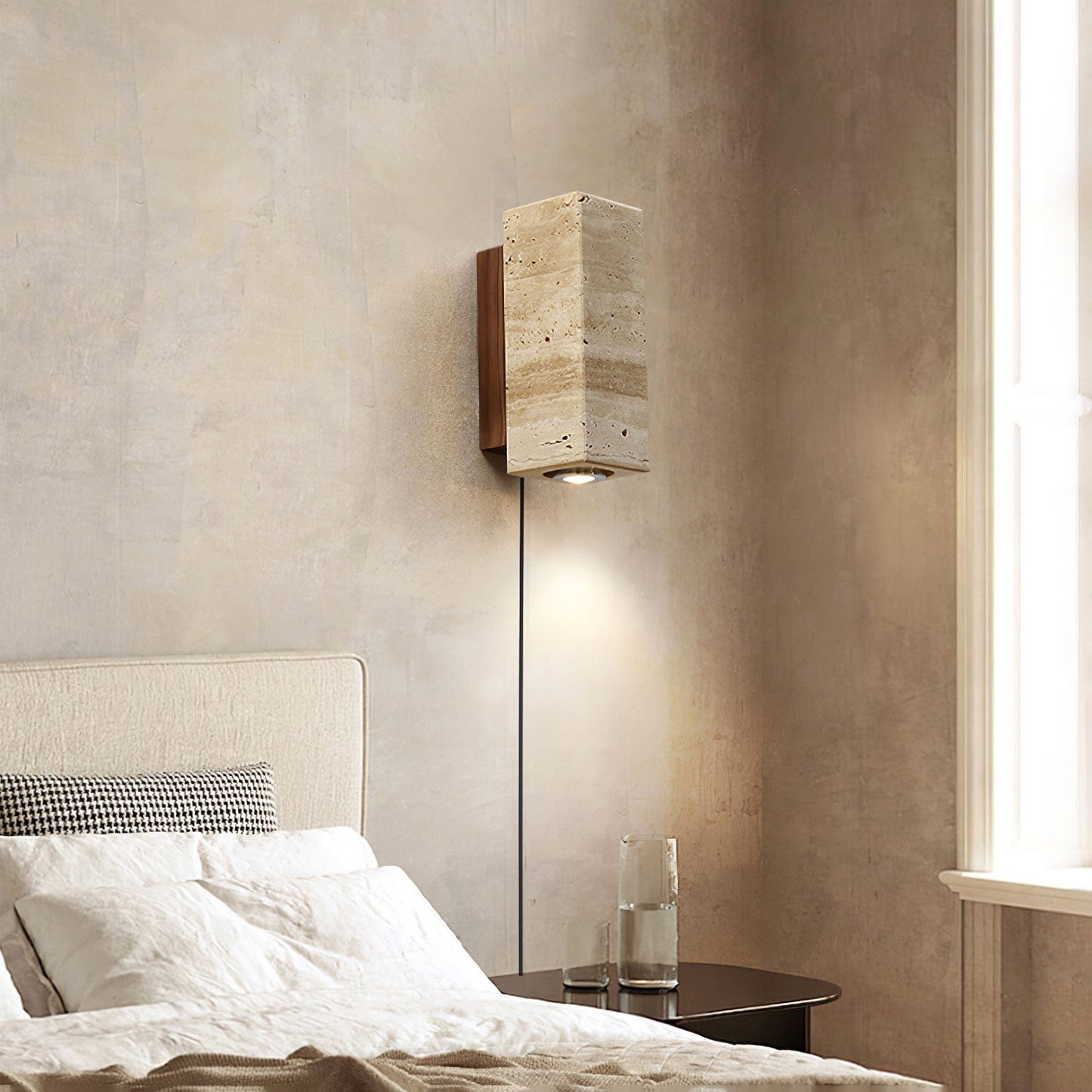Blend Plug-in Wall Sconce with LED, Dimmable, Travertine