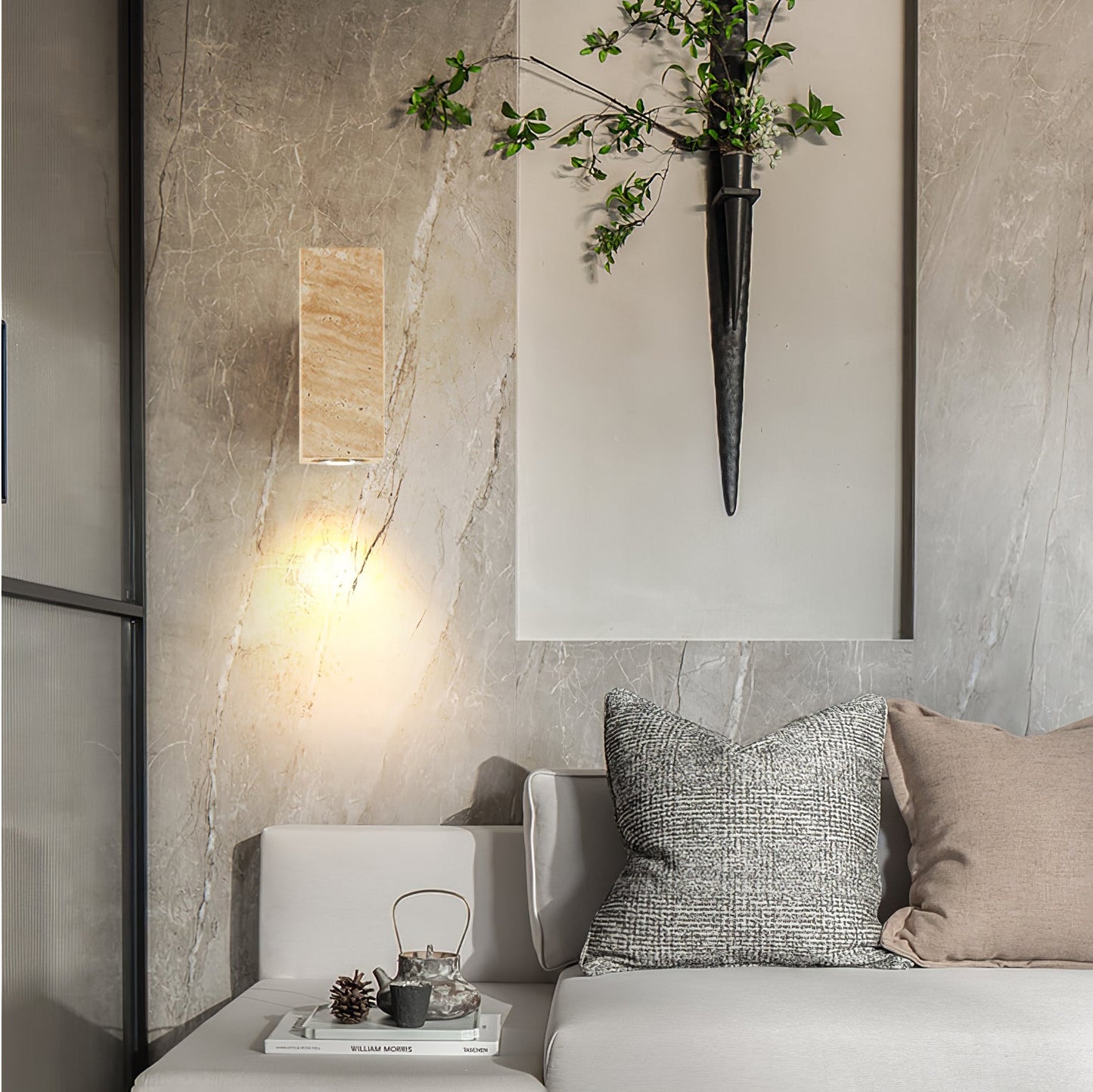Blend Plug-in Wall Sconce with LED, Dimmable, Travertine