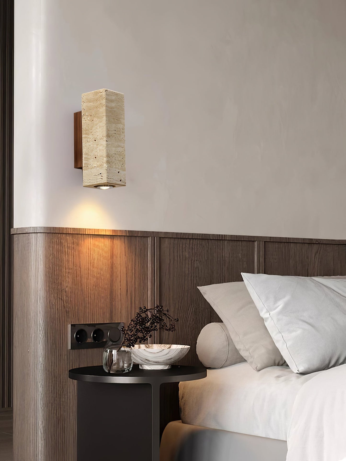 Blend Plug-in Wall Sconce with LED, Dimmable, Travertine