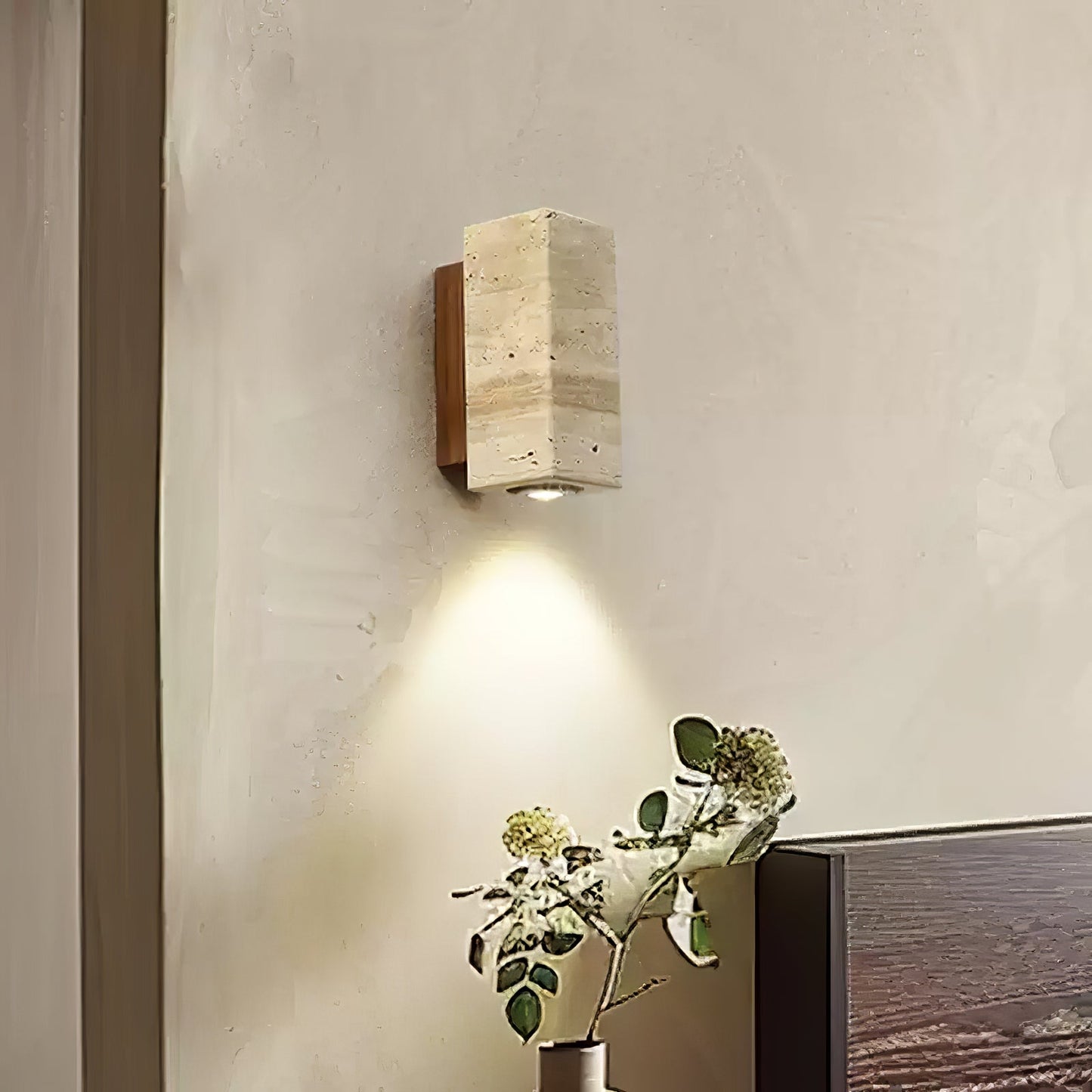 Blend Plug-in Wall Sconce with LED, Dimmable, Travertine