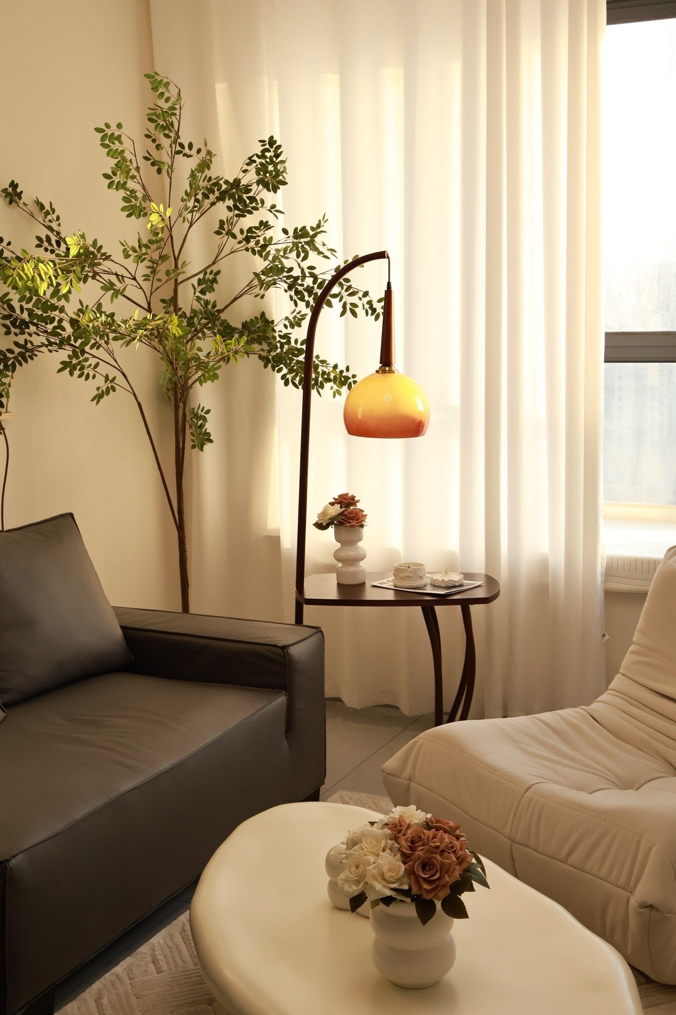 Cantilever Wood Accent Floor Lamp with Glass Shade and Table