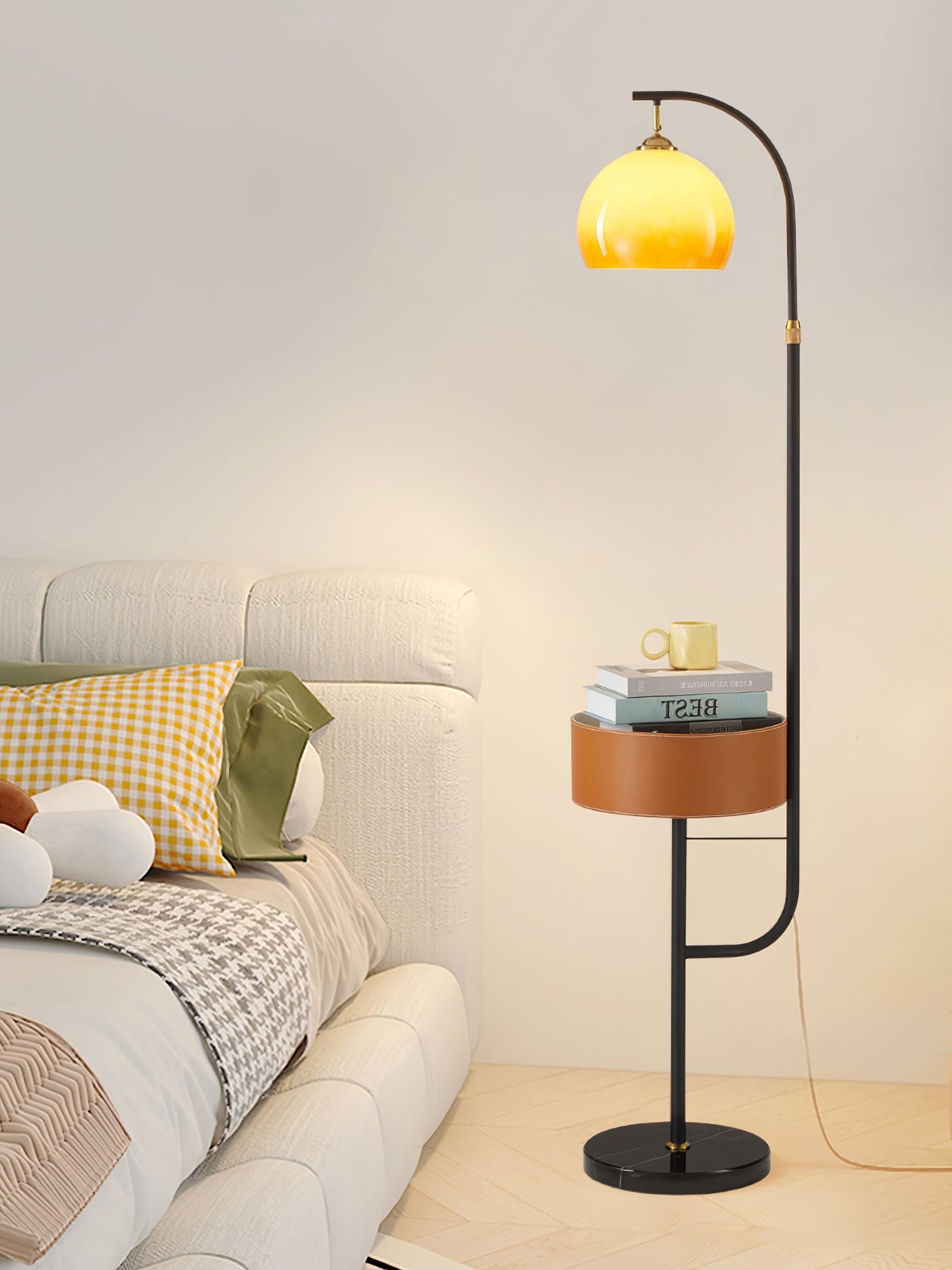 Caramel Arch Floor Lamp with Black Metal Base and LED Shade