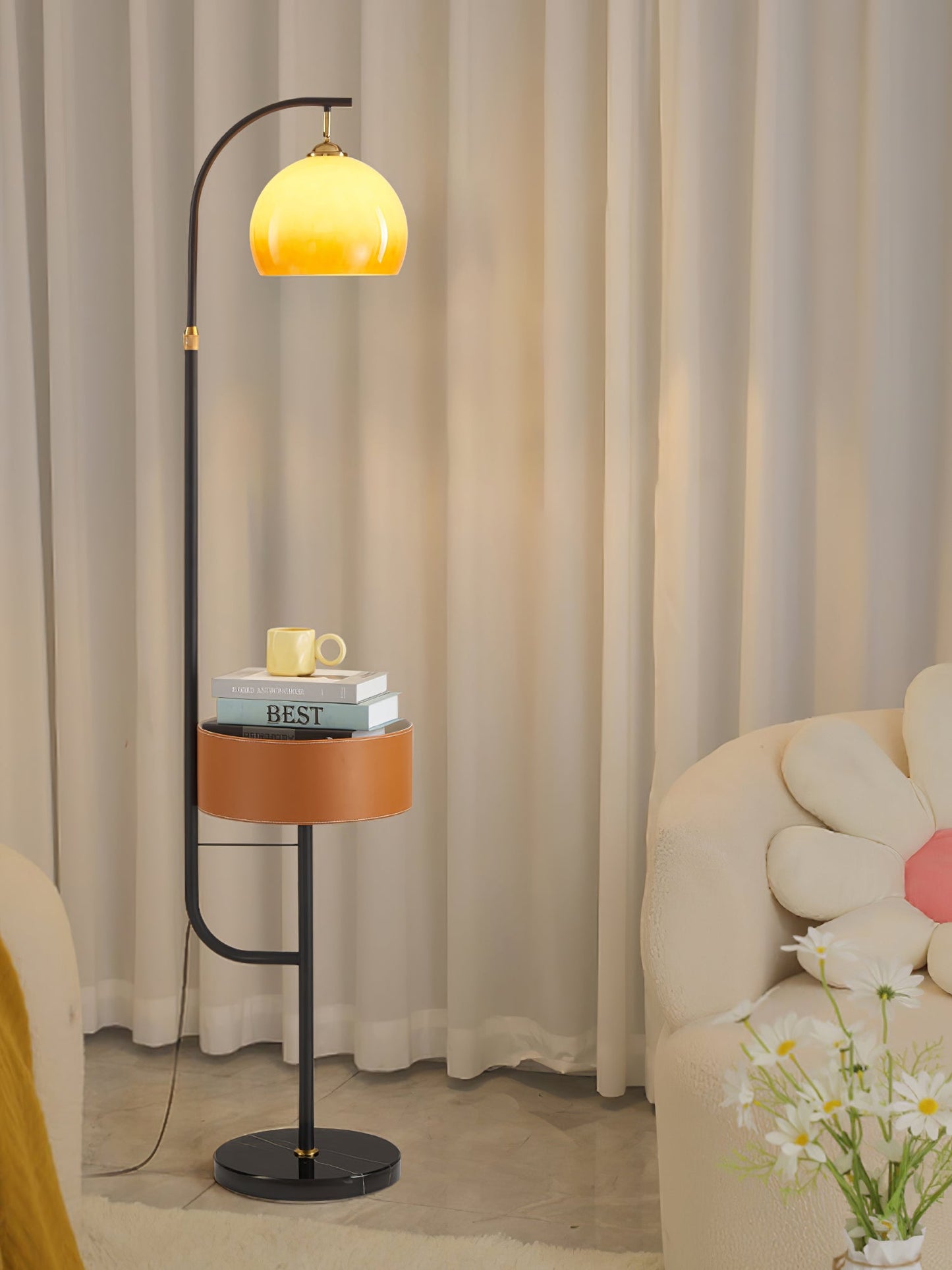 Caramel Arch Floor Lamp with Black Metal Base and LED Shade