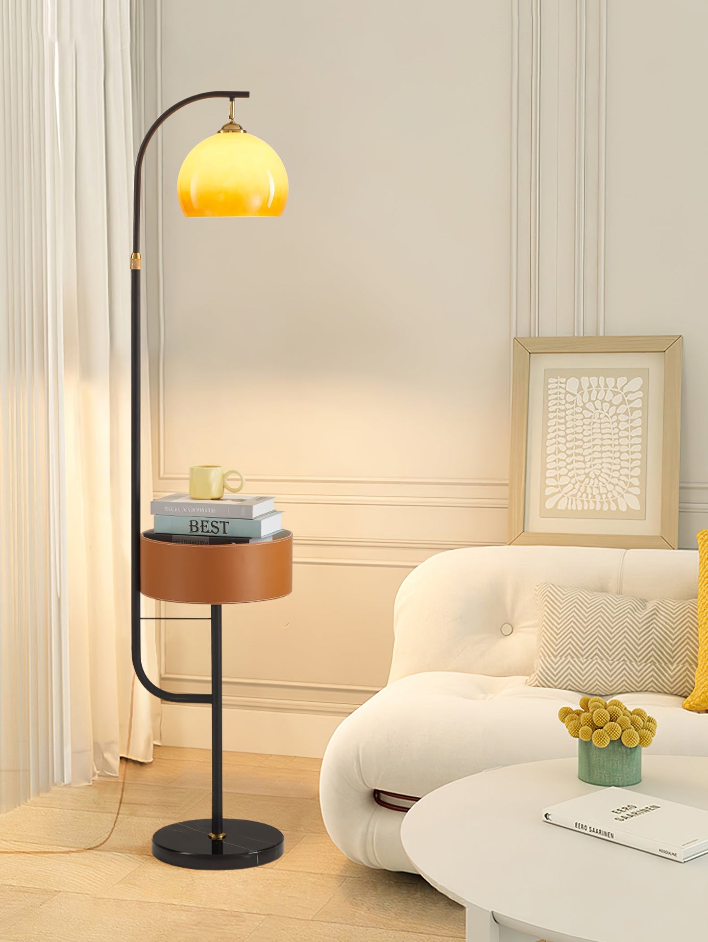 Caramel Arch Floor Lamp with Black Metal Base and LED Shade