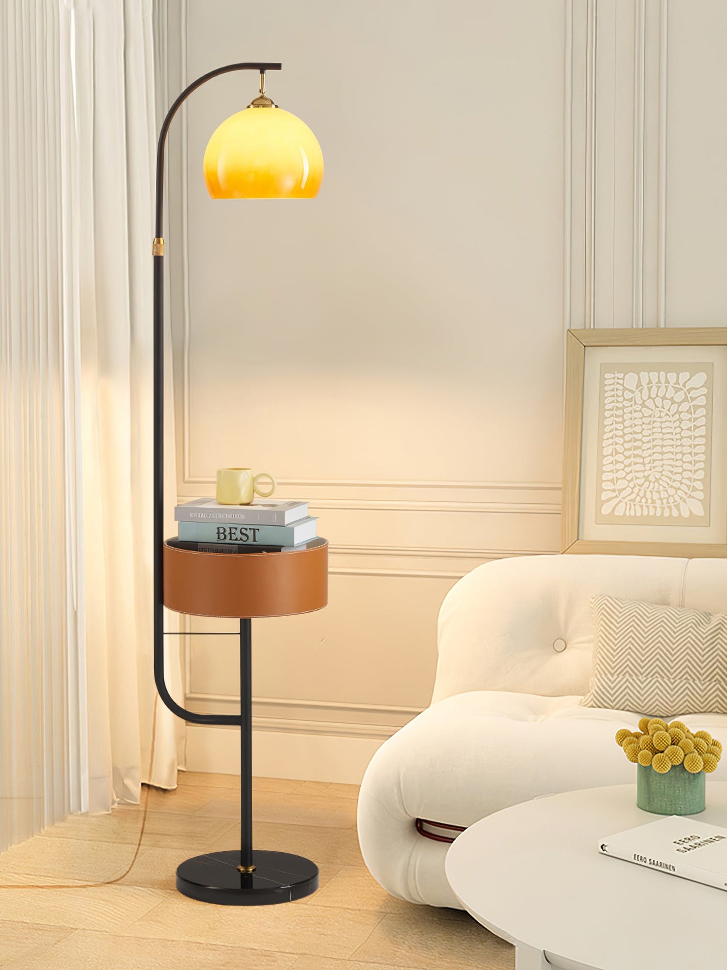 Caramel Arch Floor Lamp with Black Metal Base and LED Shade