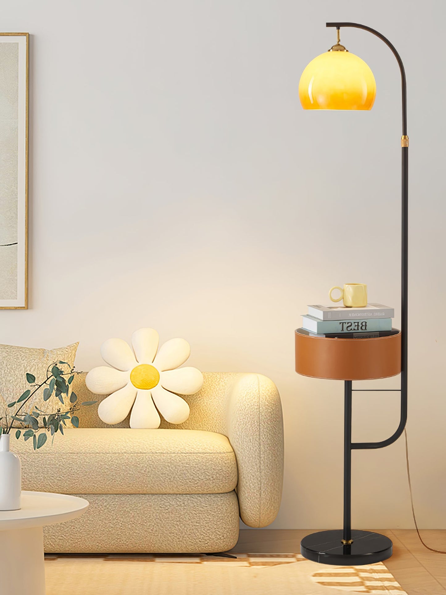 Caramel Arch Floor Lamp with Black Metal Base and LED Shade
