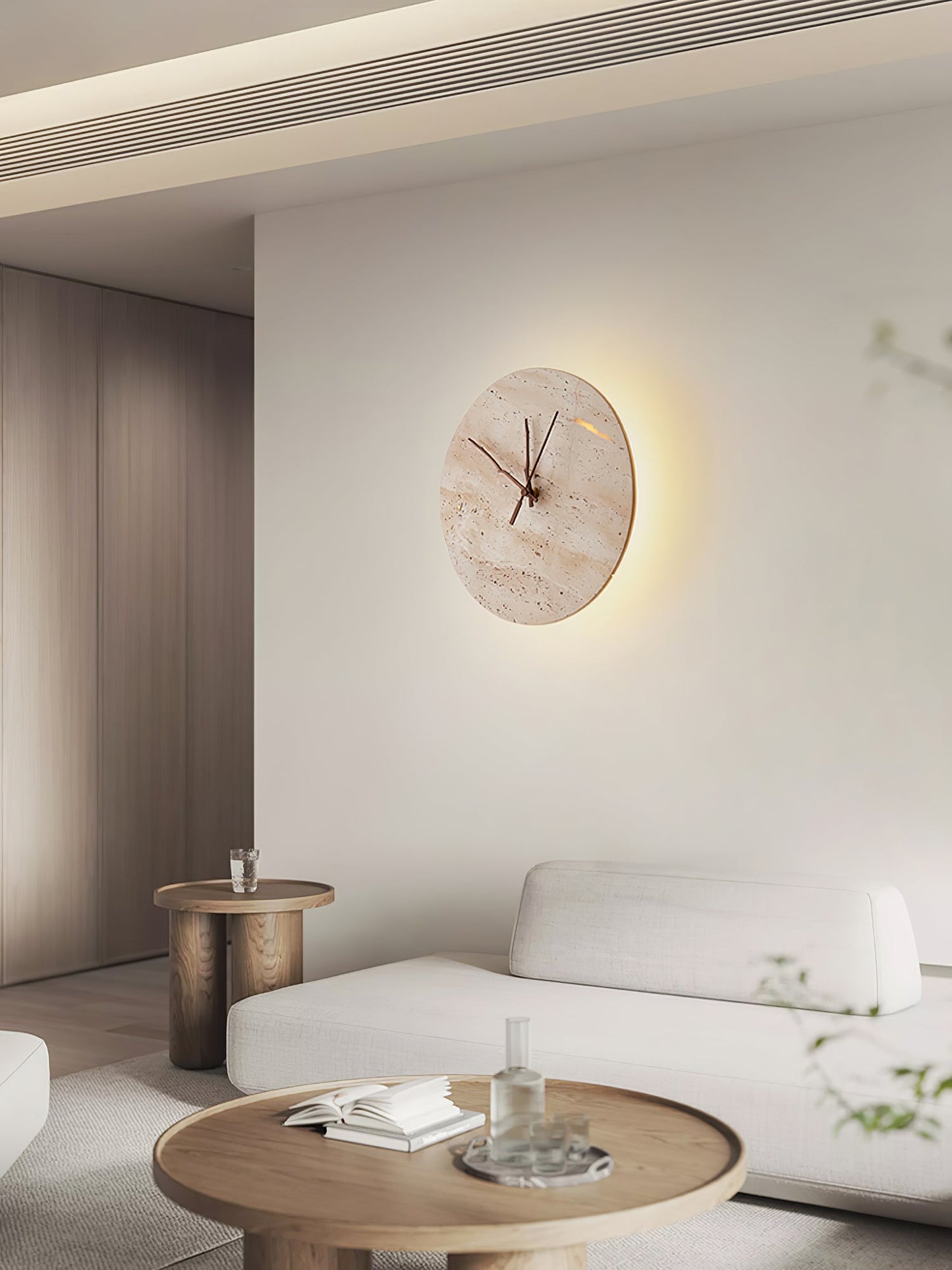 Clock Travertine Wall Lamp with LED Light and Bronze Hands