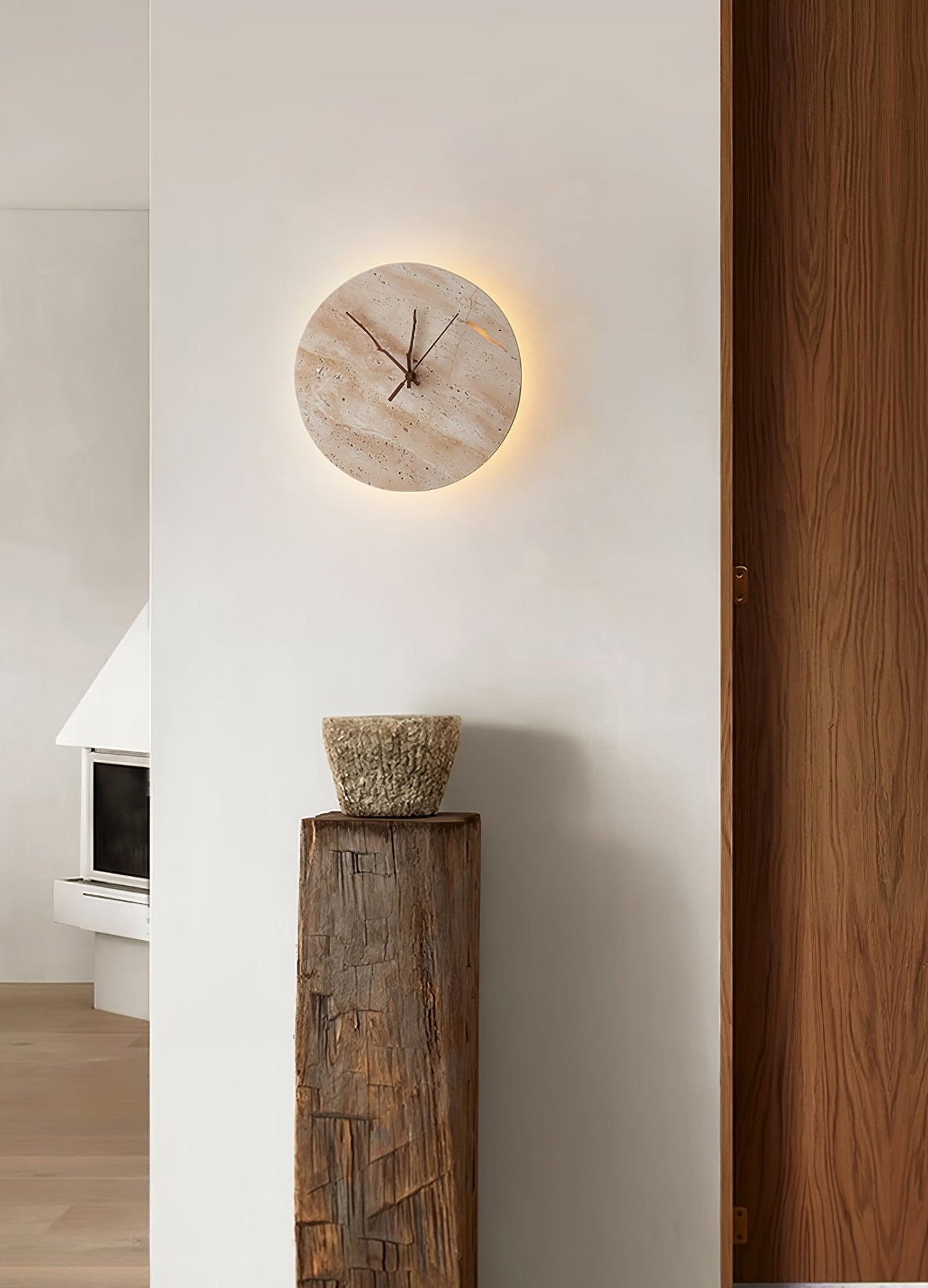 Clock Travertine Wall Lamp with LED Light and Bronze Hands