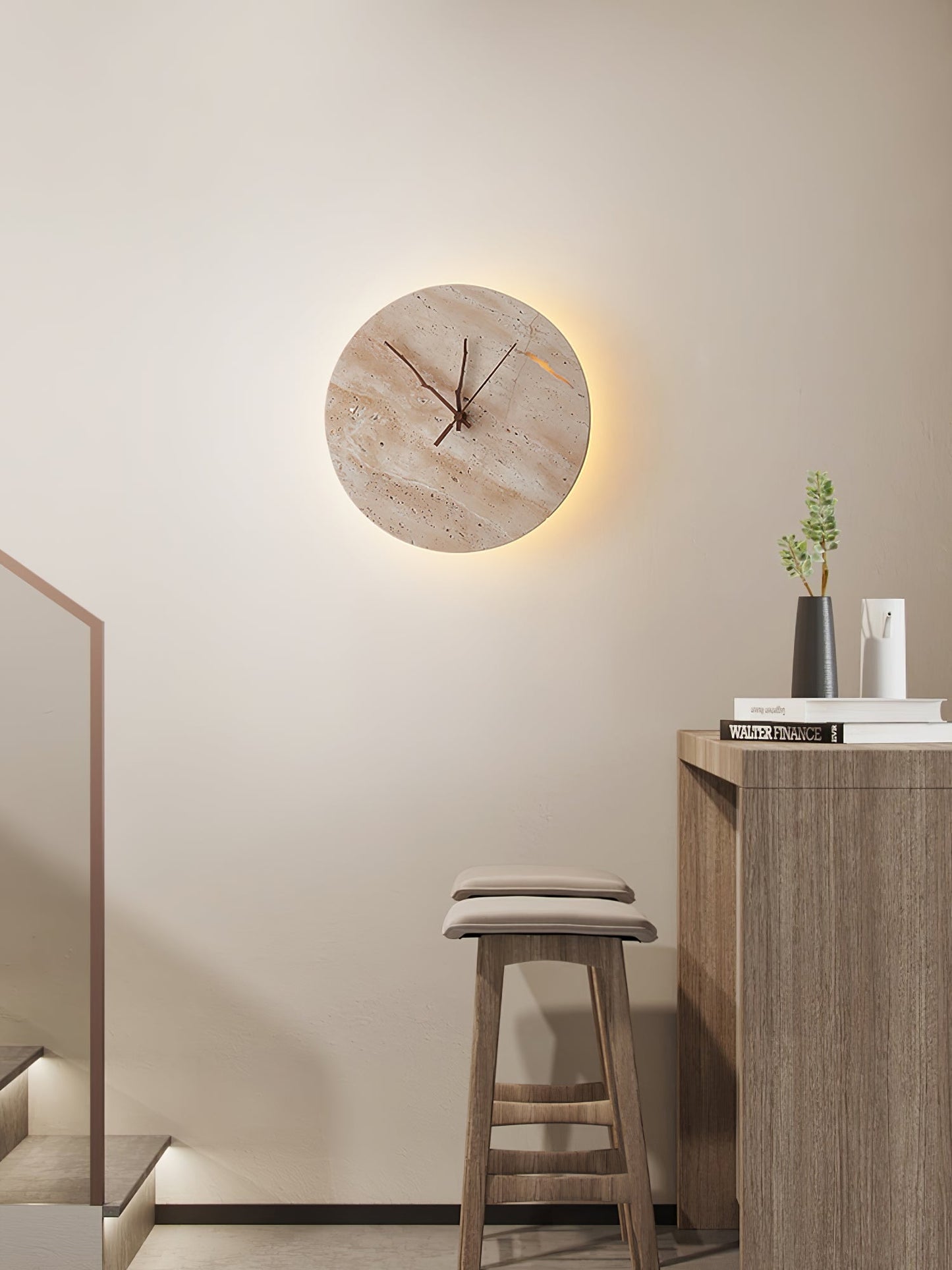 Clock Travertine Wall Lamp with LED Light and Bronze Hands
