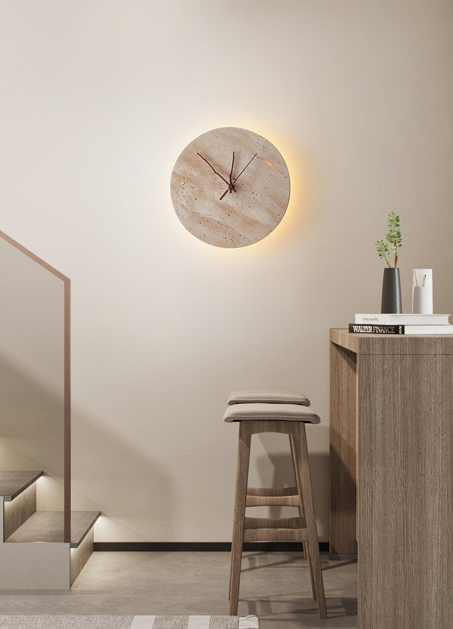 Clock Travertine Wall Lamp with LED Light and Bronze Hands