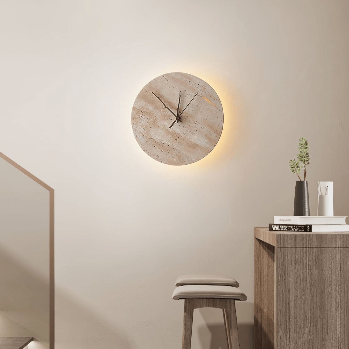Clock Travertine Wall Lamp with LED Light and Bronze Hands