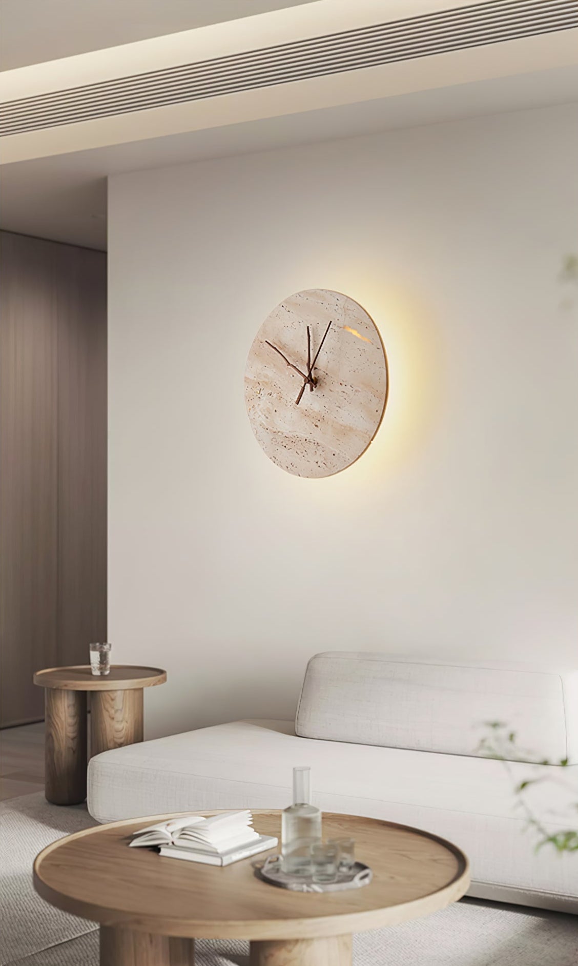 Clock Travertine Wall Lamp with LED Light and Bronze Hands