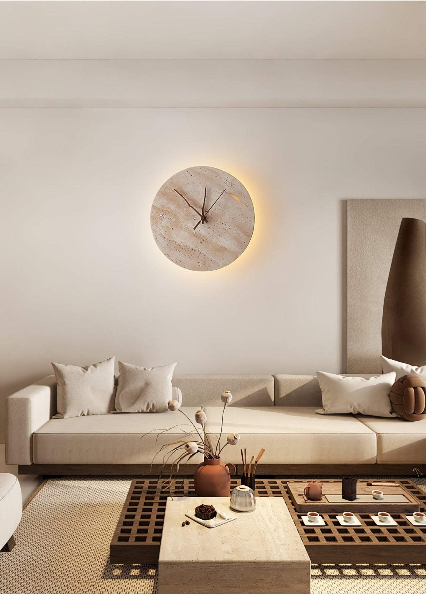 Clock Travertine Wall Lamp with LED Light and Bronze Hands