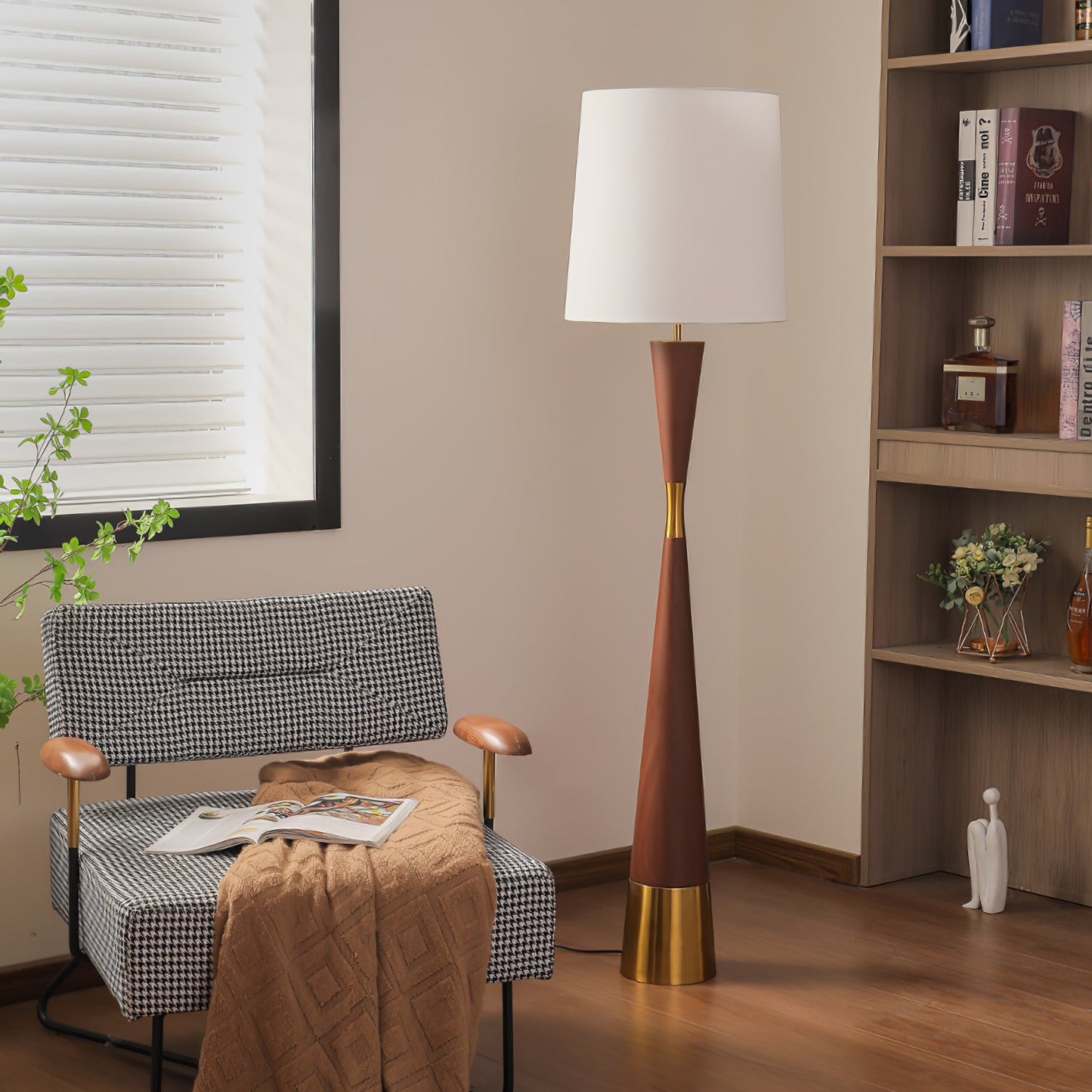 Cone Waist Floor Lamp with LED, Gold Base, Fabric Shade