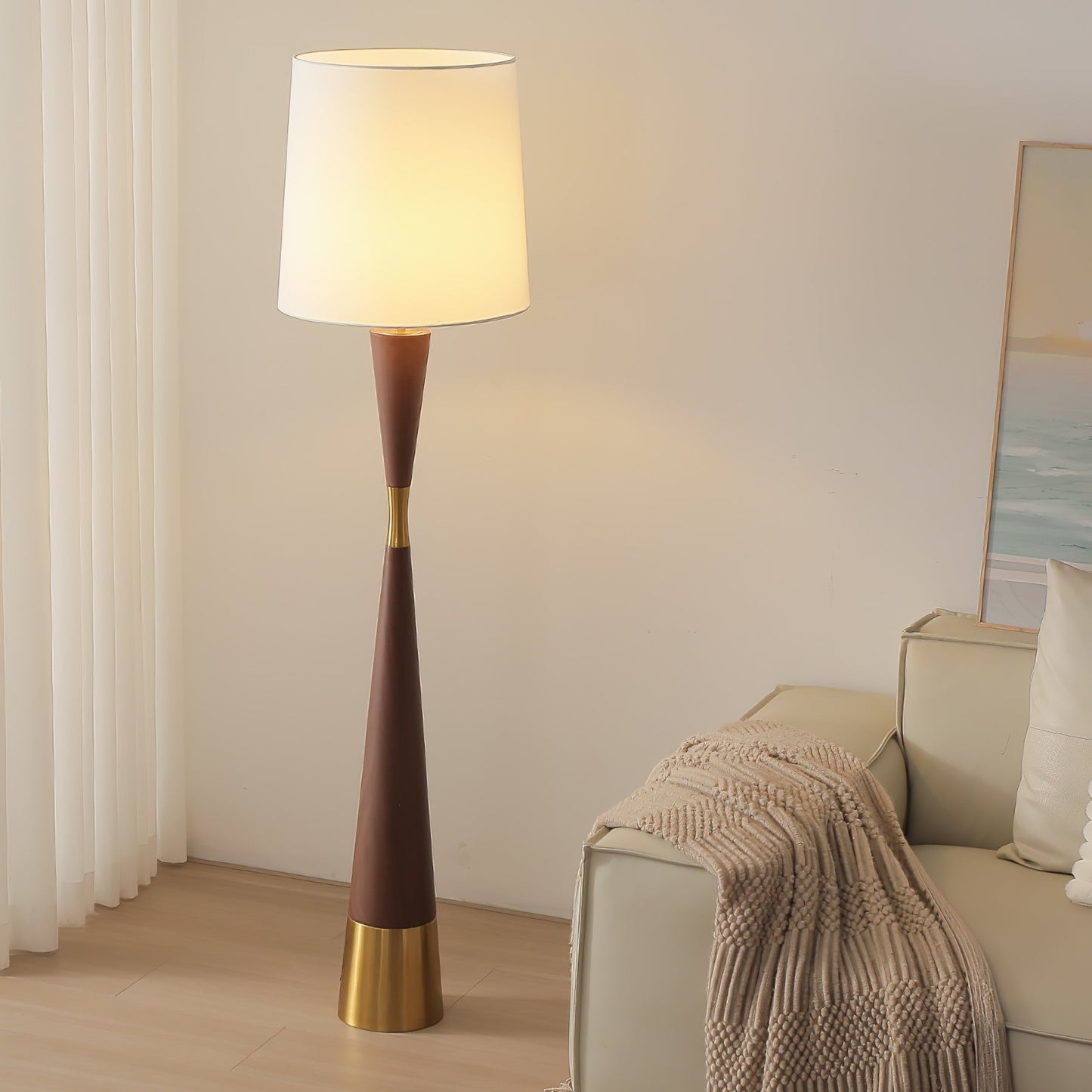 Cone Waist Floor Lamp with LED, Gold Base, Fabric Shade