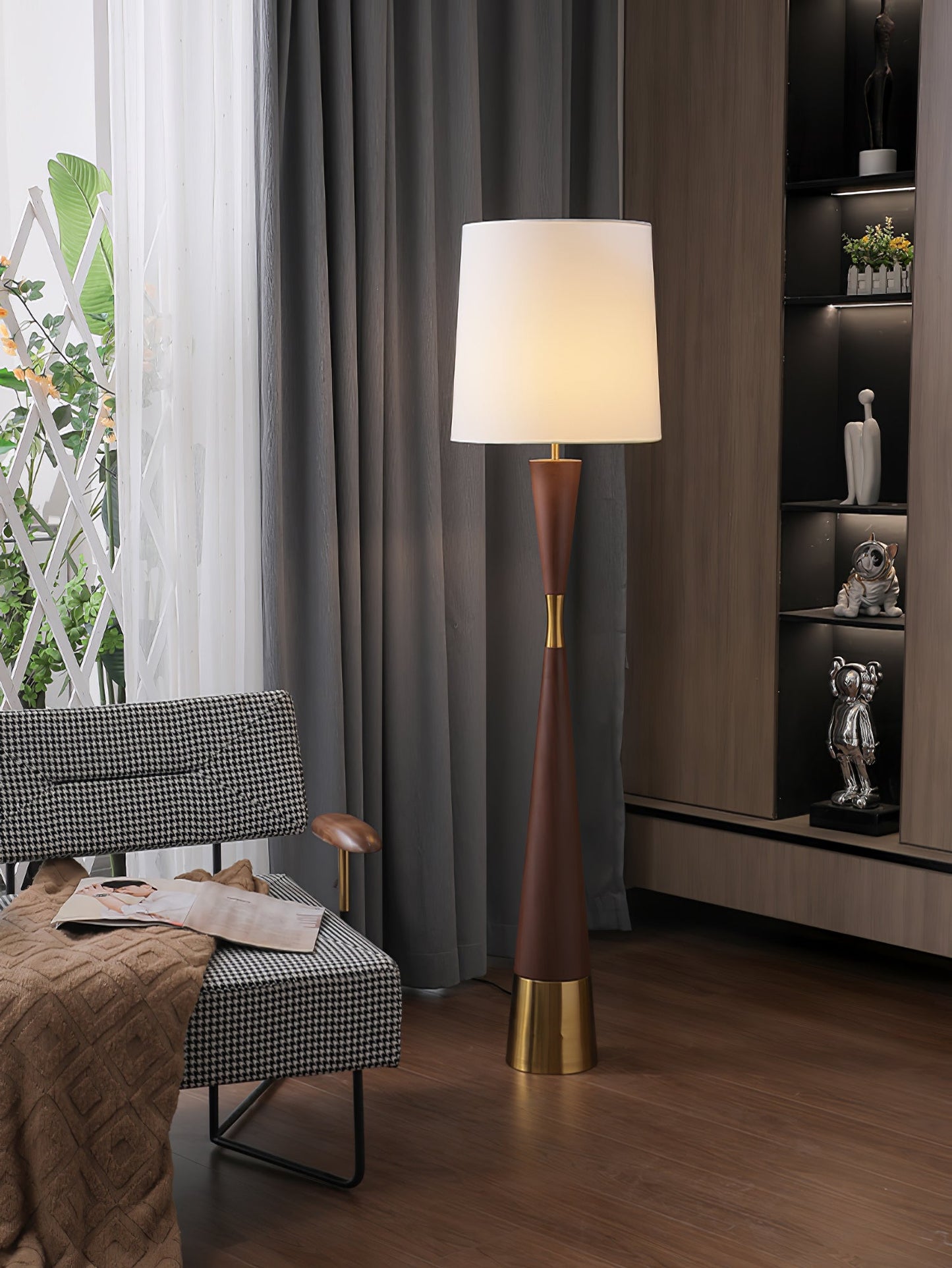 Cone Waist Floor Lamp with LED, Gold Base, Fabric Shade