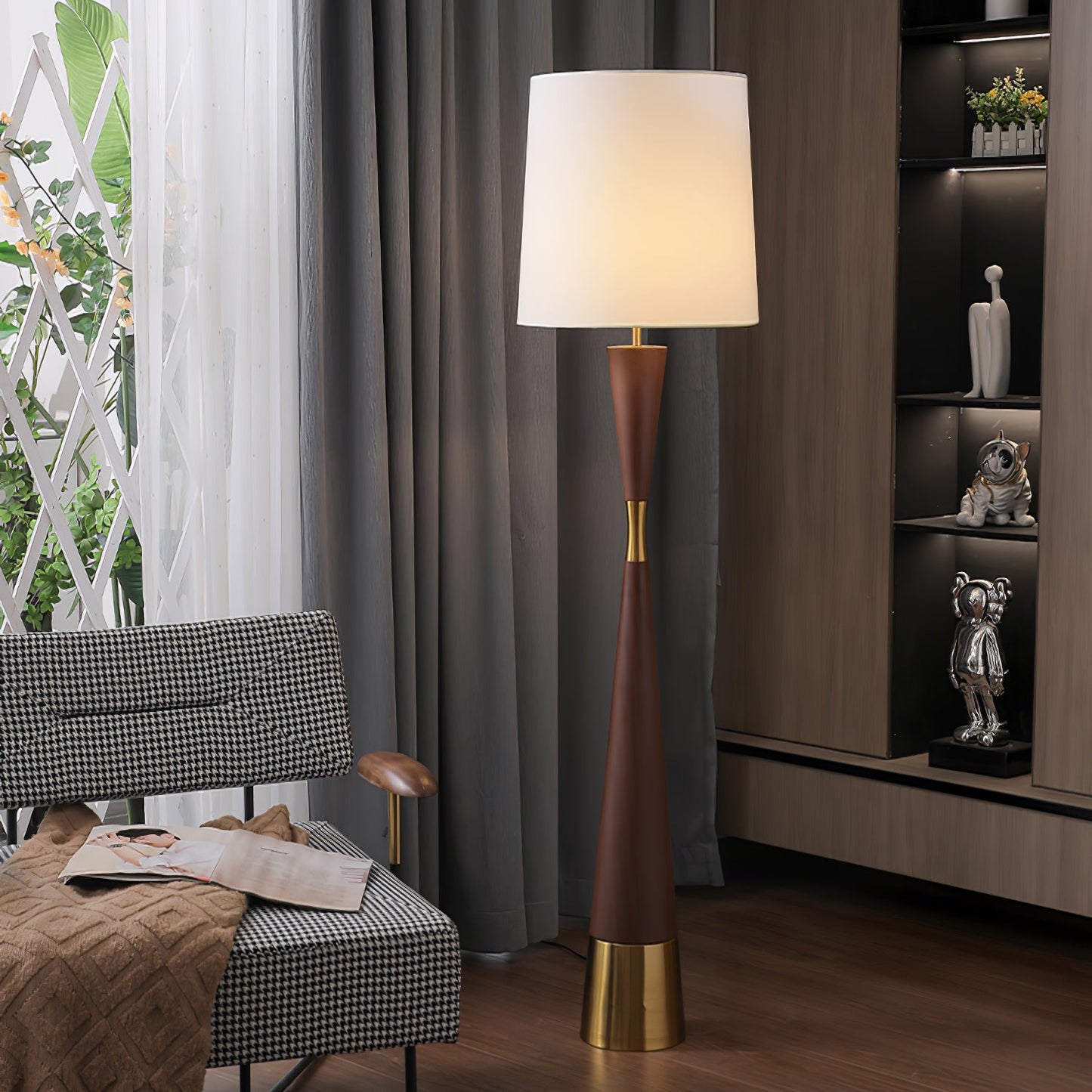 Cone Waist Floor Lamp with LED, Gold Base, Fabric Shade