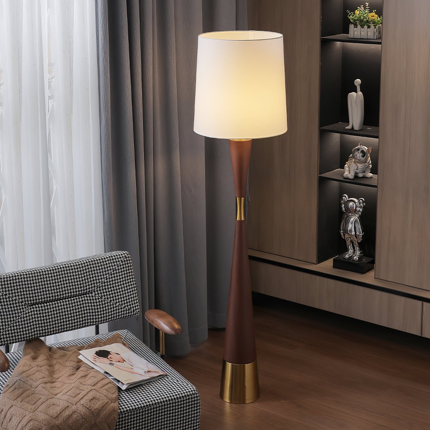 Cone Waist Floor Lamp with LED, Gold Base, Fabric Shade