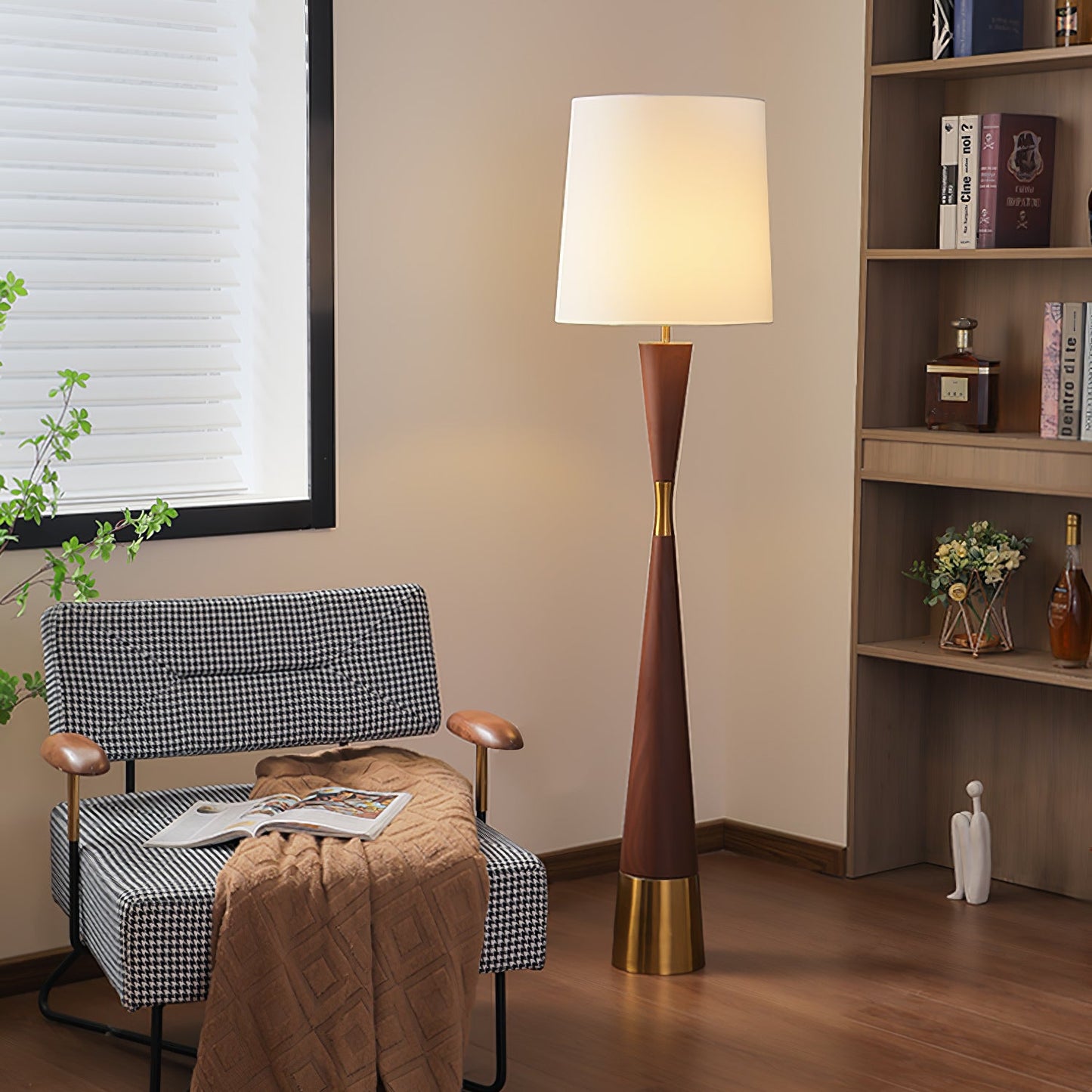 Cone Waist Floor Lamp with LED, Gold Base, Fabric Shade