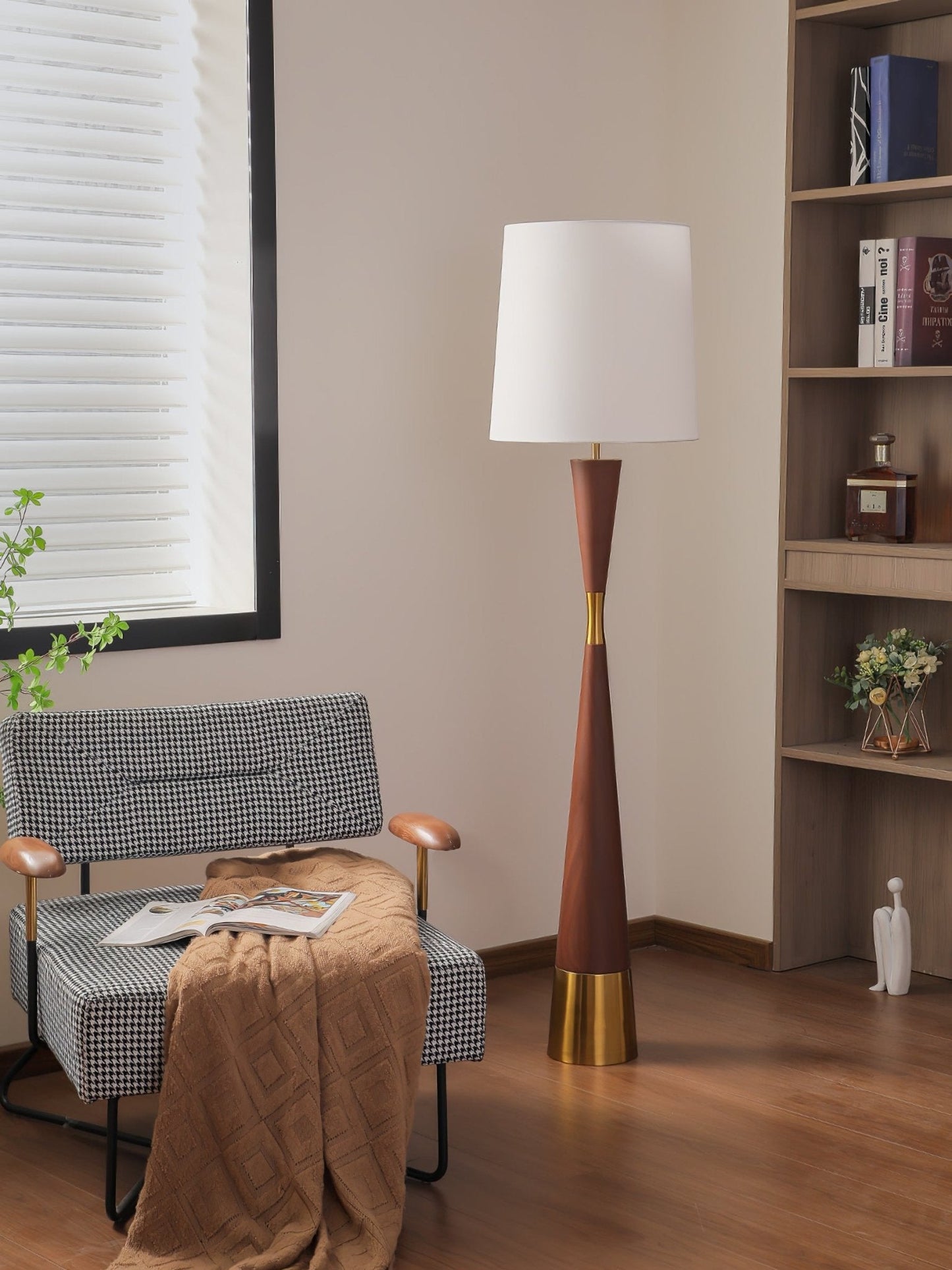 Cone Waist Floor Lamp with LED, Gold Base, Fabric Shade