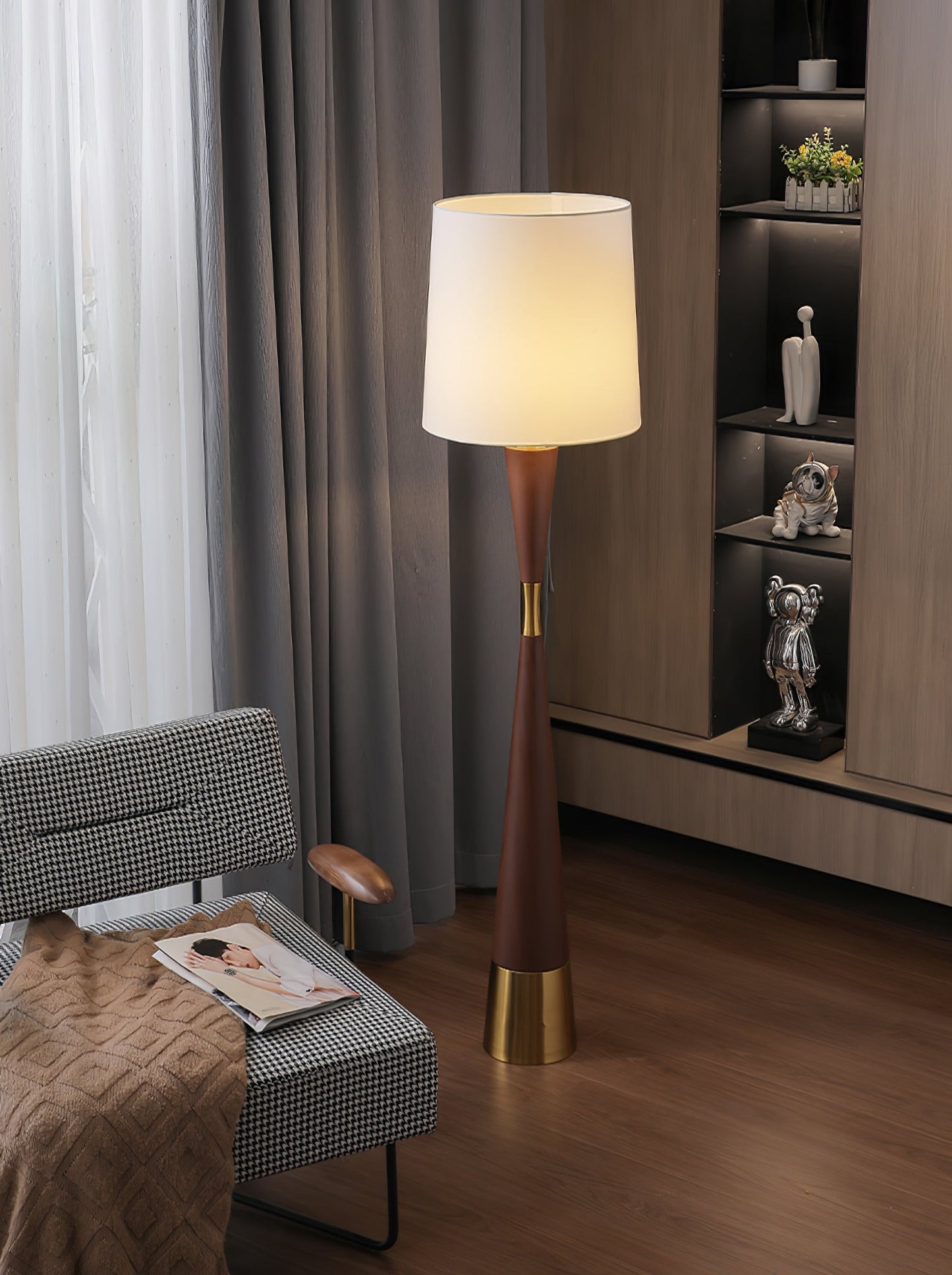 Cone Waist Floor Lamp with LED, Gold Base, Fabric Shade