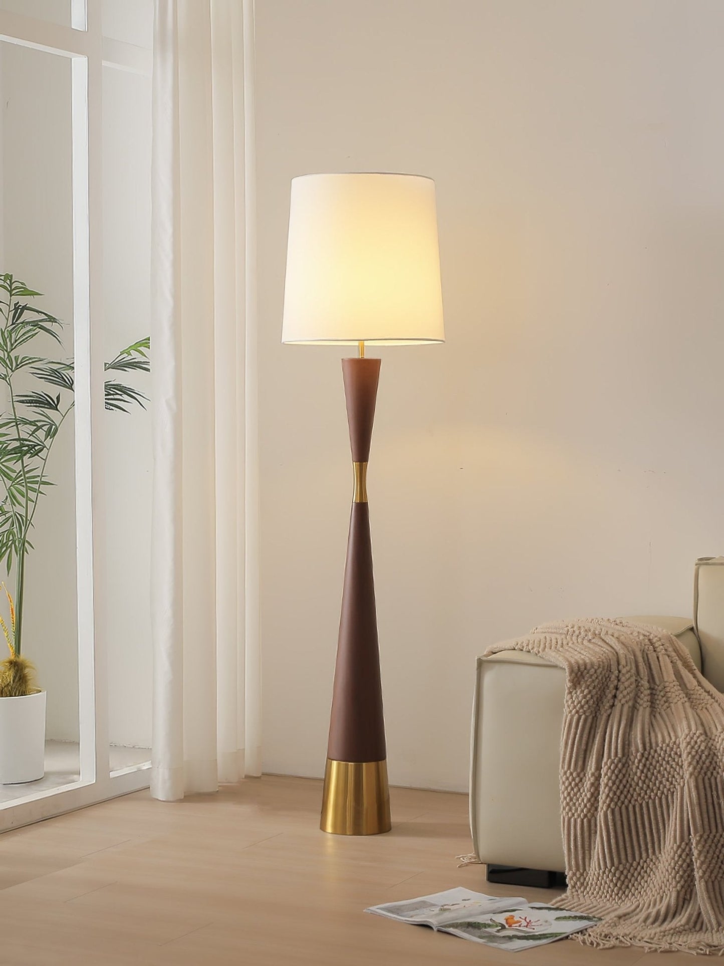 Cone Waist Floor Lamp with LED, Gold Base, Fabric Shade