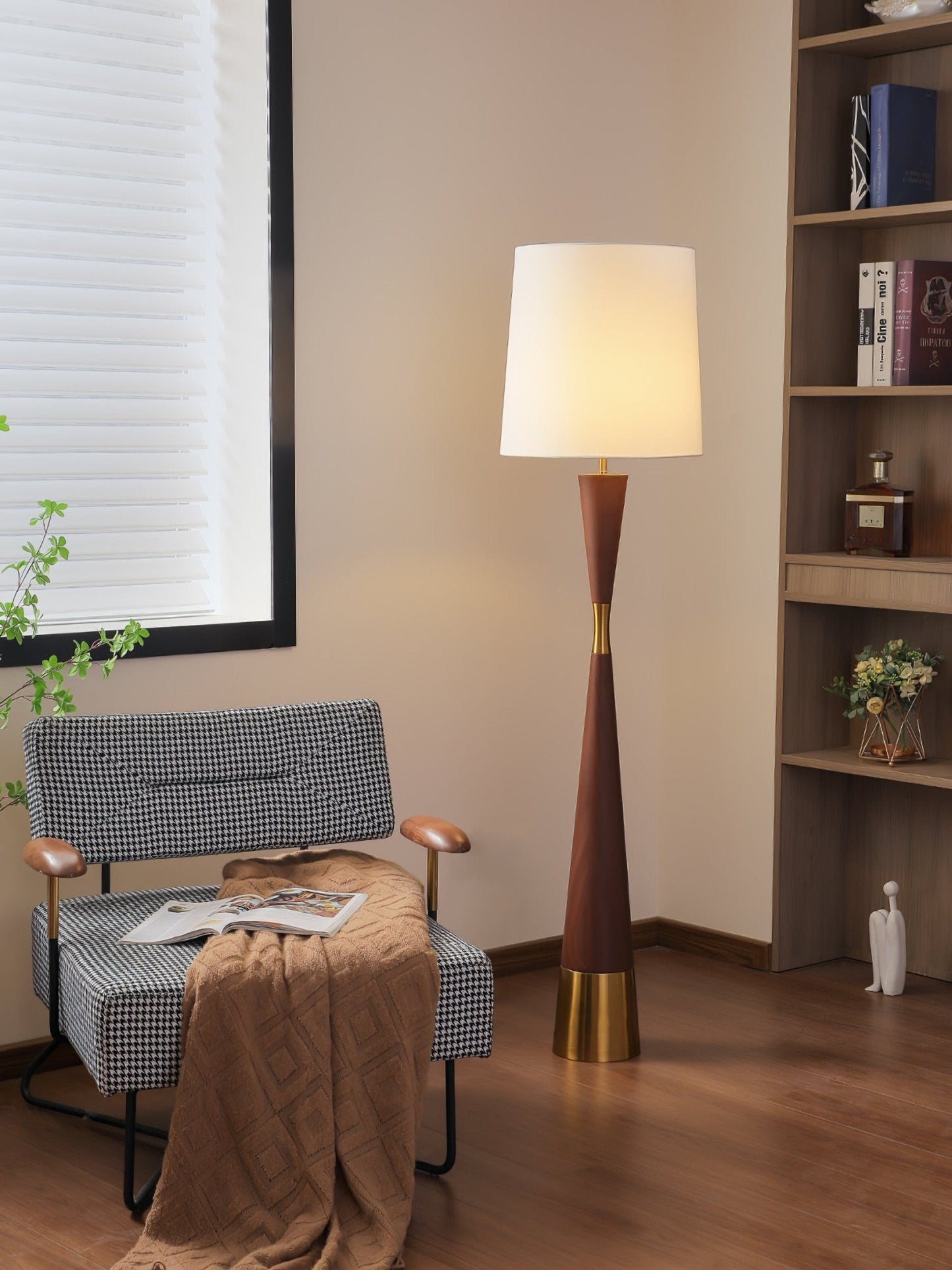 Cone Waist Floor Lamp with LED, Gold Base, Fabric Shade