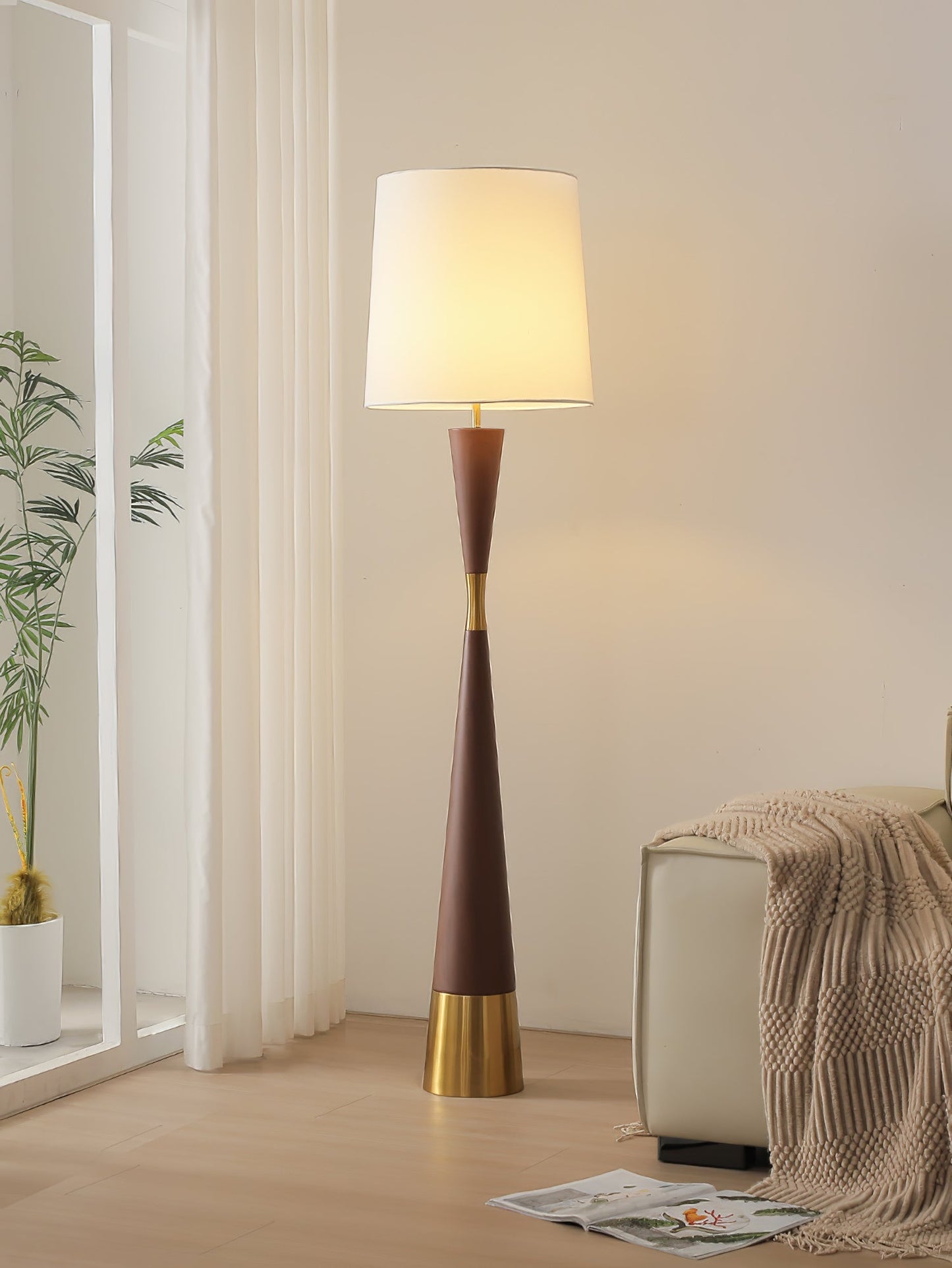 Cone Waist Floor Lamp with LED, Gold Base, Fabric Shade
