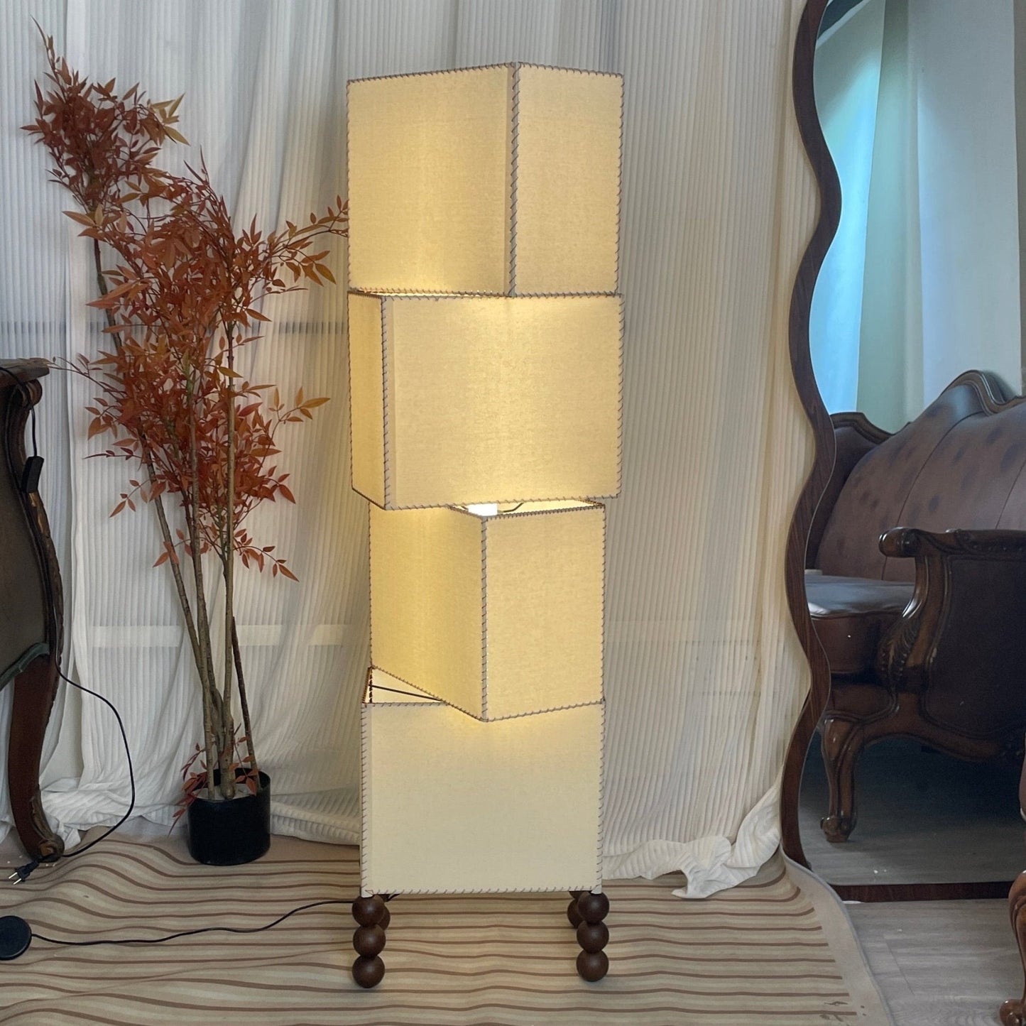 Cubia Fabric Floor Lamp with Wooden Base and LED Light