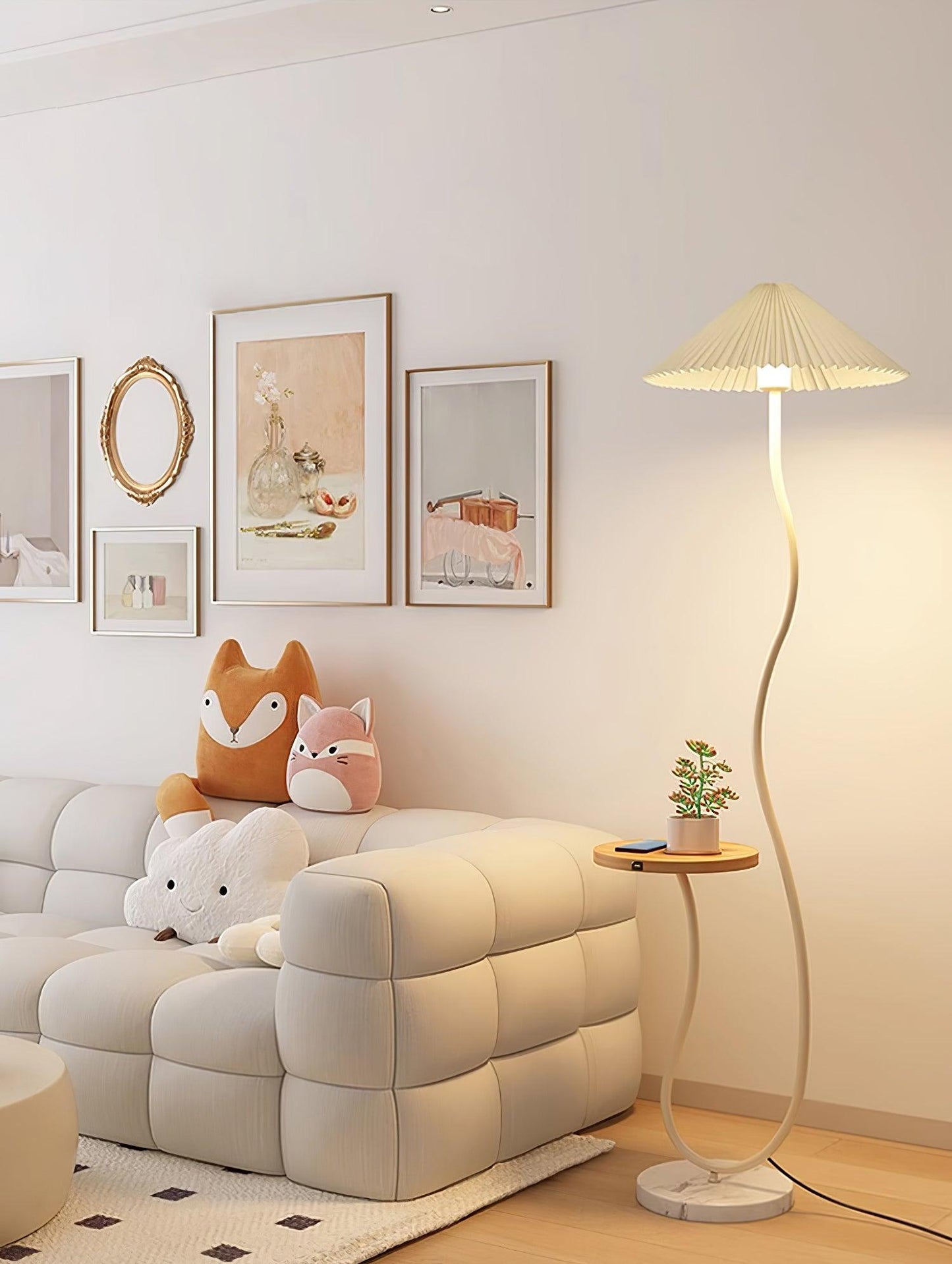 Curvatura Floor Lamp with Wooden Base and Fabric Shade