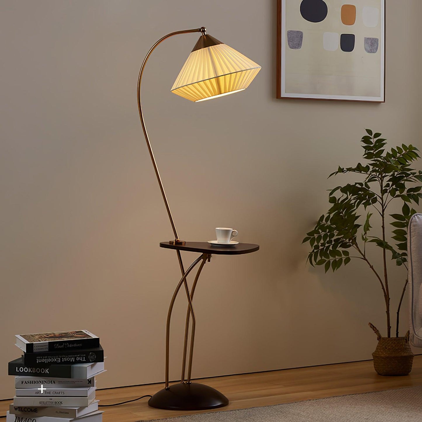 Curve With Table Floor Lamp - Adjustable LED Light, Black