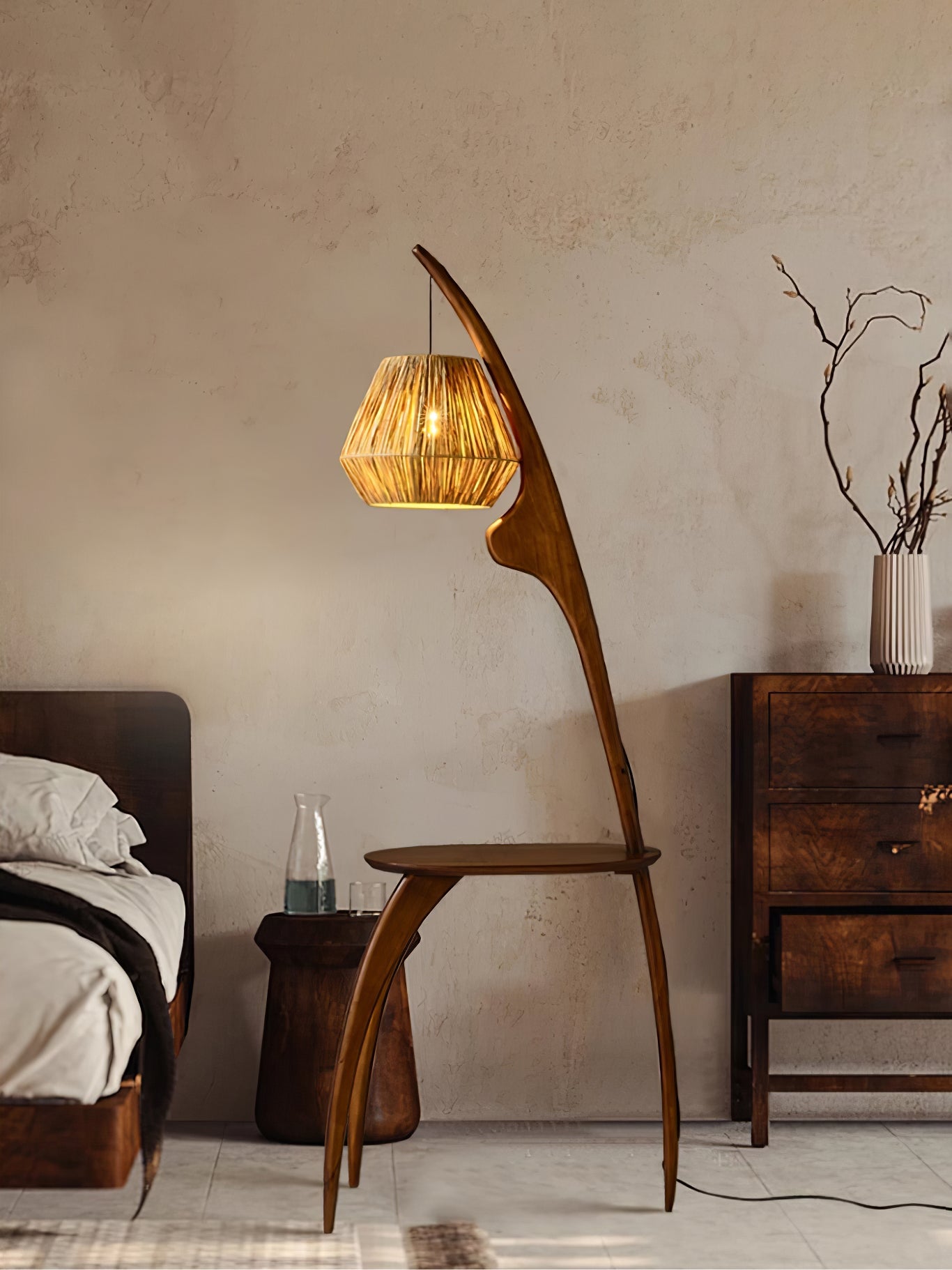 Curved Mantis Arm Floor Lamp with Amber Glass Shade
