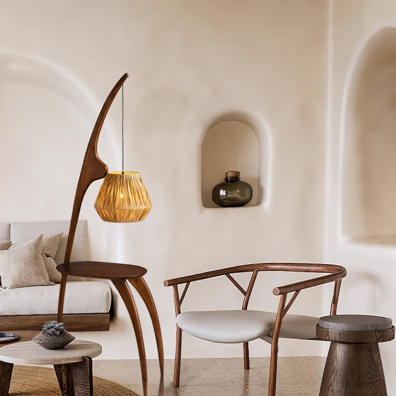 Curved Mantis Arm Floor Lamp with Amber Glass Shade