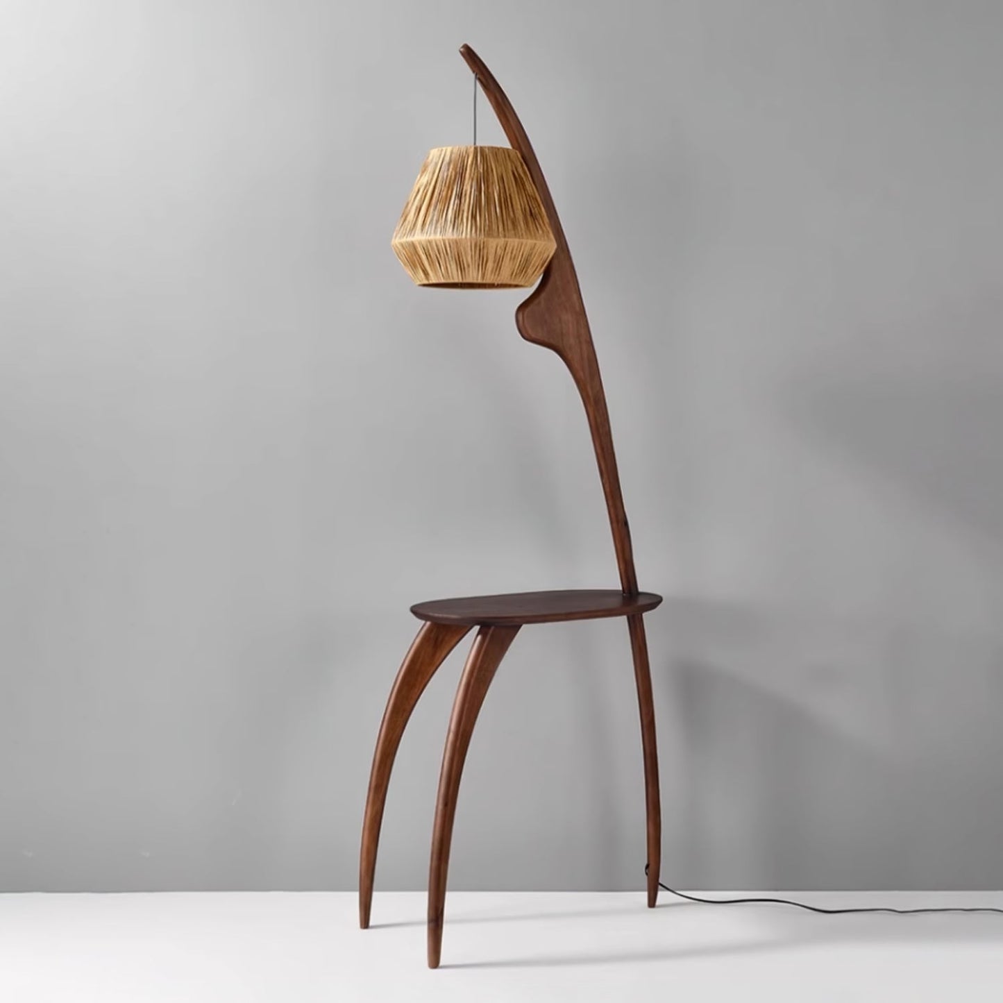 Curved Mantis Arm Floor Lamp with Amber Glass Shade