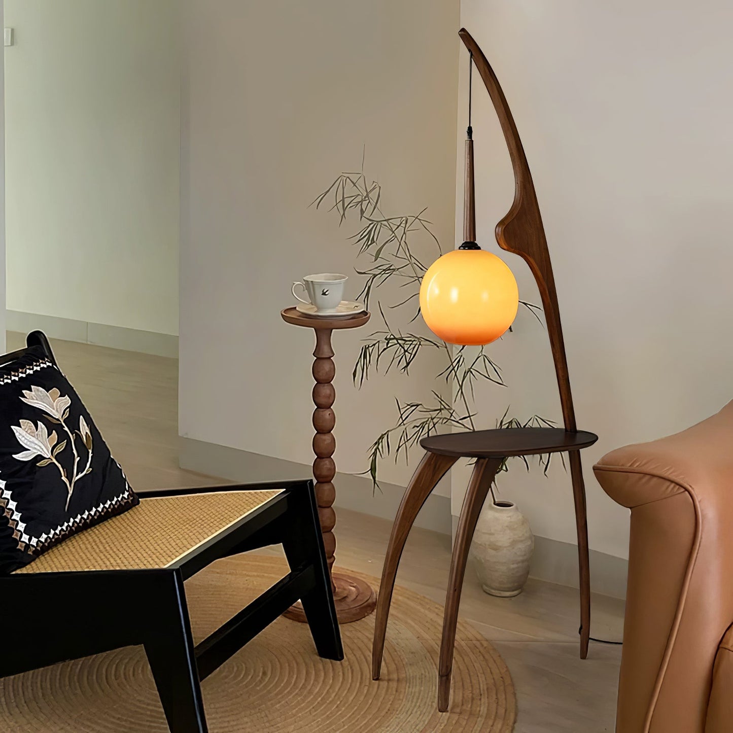 Curved Mantis Arm Floor Lamp with Amber Glass Shade