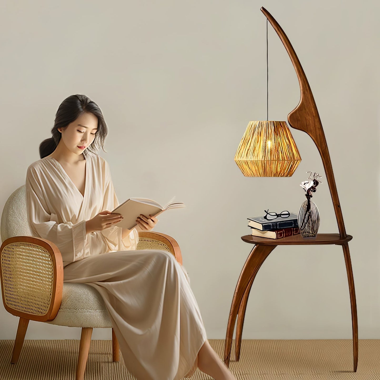 Curved Mantis Arm Floor Lamp with Amber Glass Shade