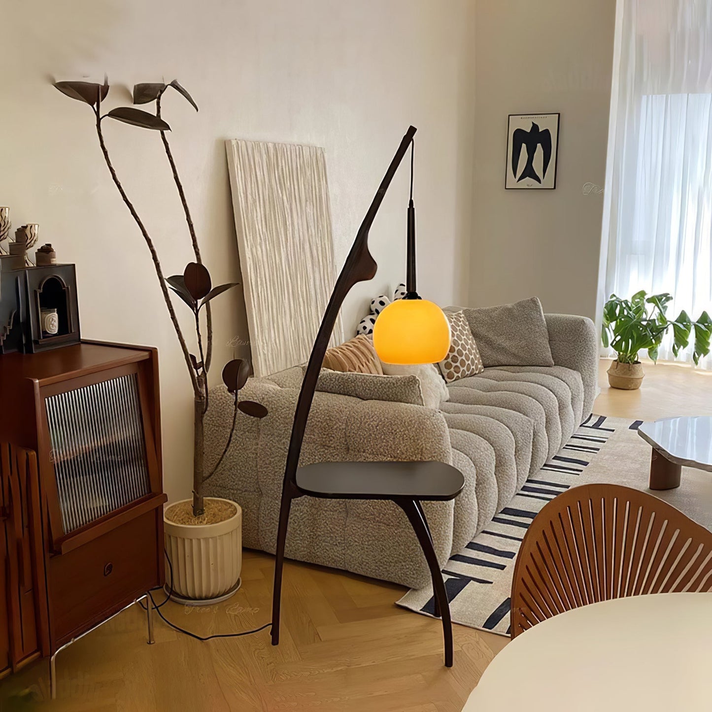 Curved Mantis Arm Floor Lamp with Amber Glass Shade