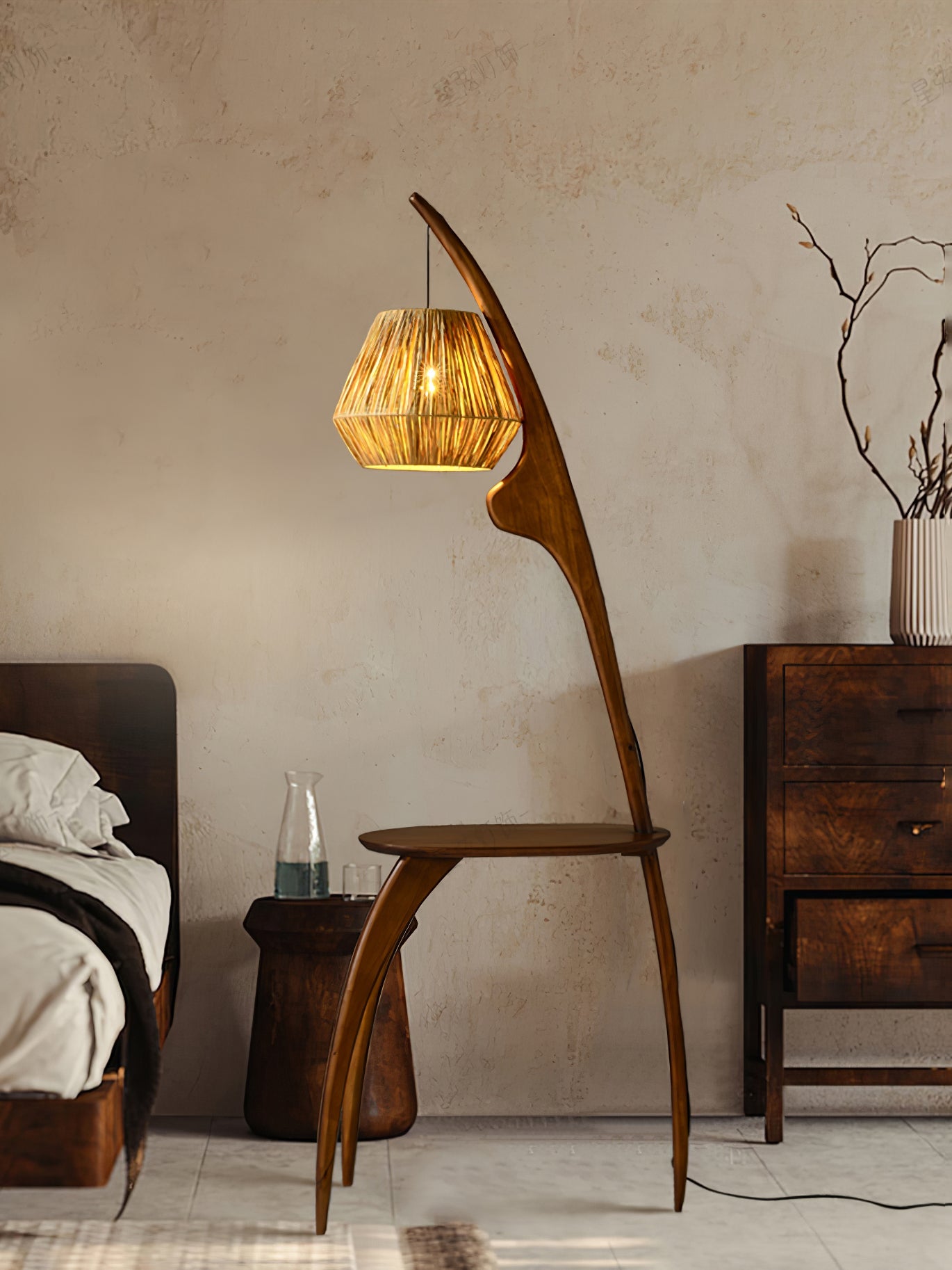 Curved Mantis Arm Floor Lamp with Amber Glass Shade