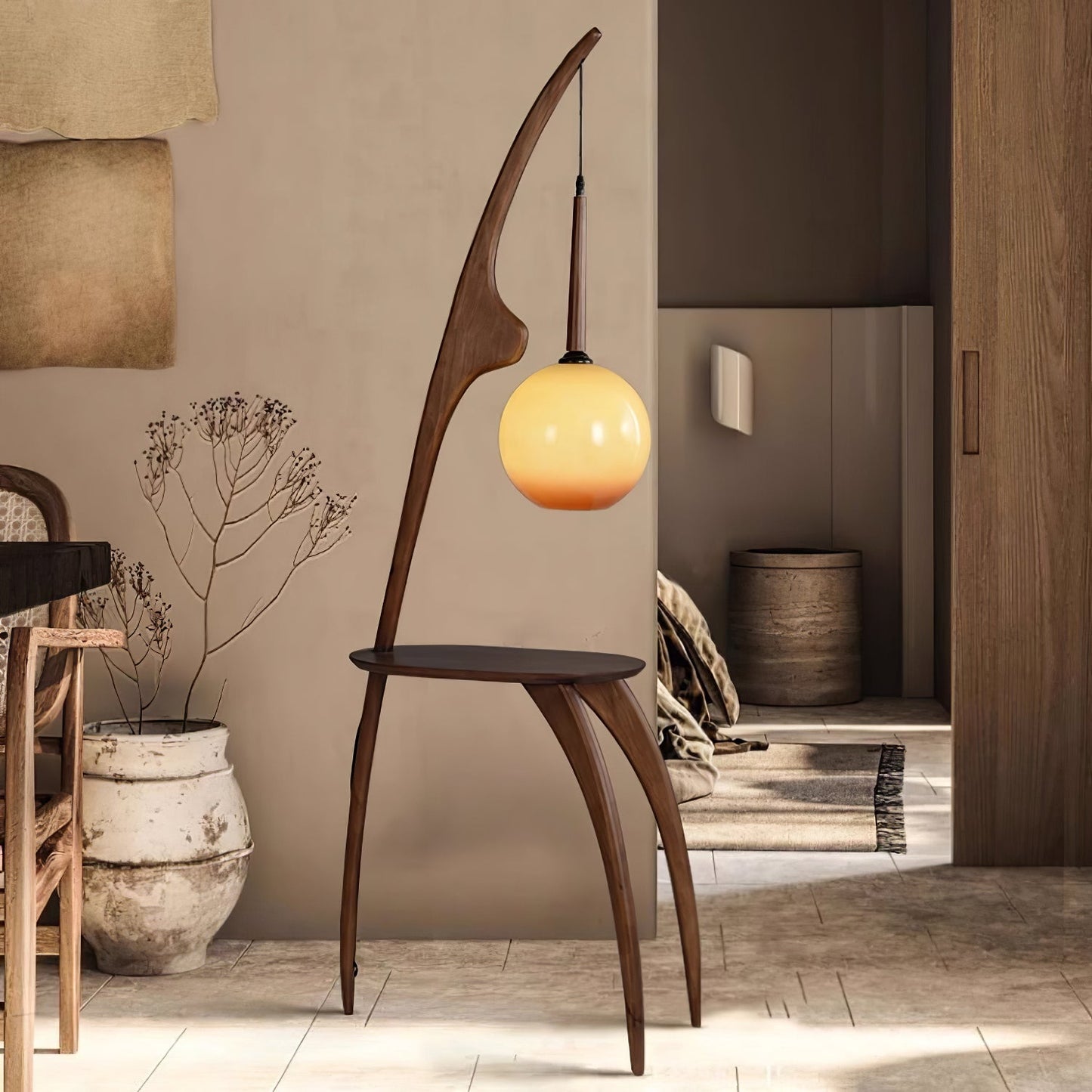 Curved Mantis Arm Floor Lamp with Amber Glass Shade