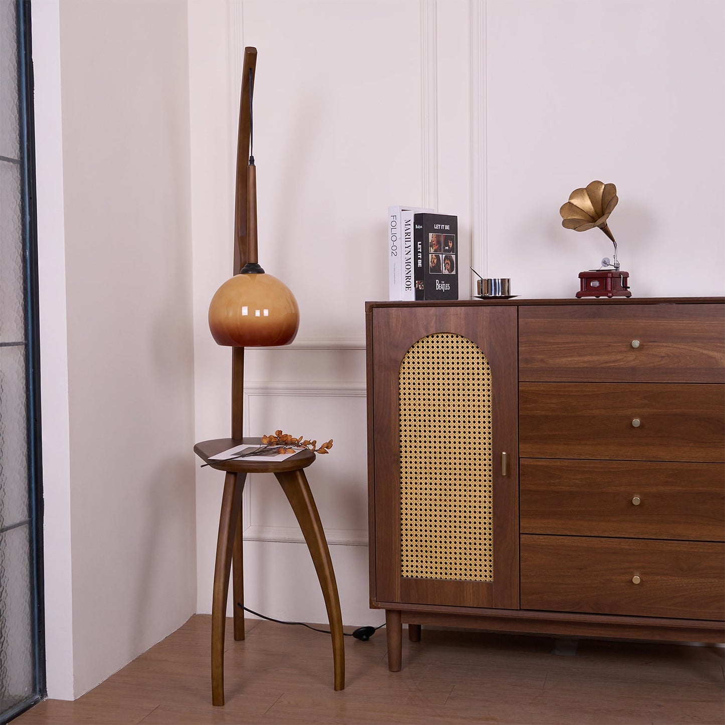 Curved Mantis Arm Floor Lamp with Amber Glass Shade