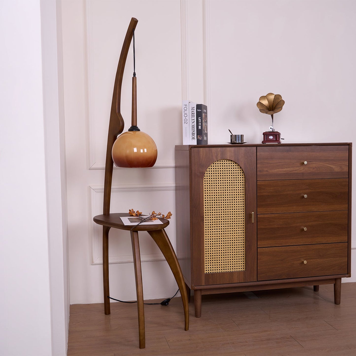Curved Mantis Arm Floor Lamp with Amber Glass Shade