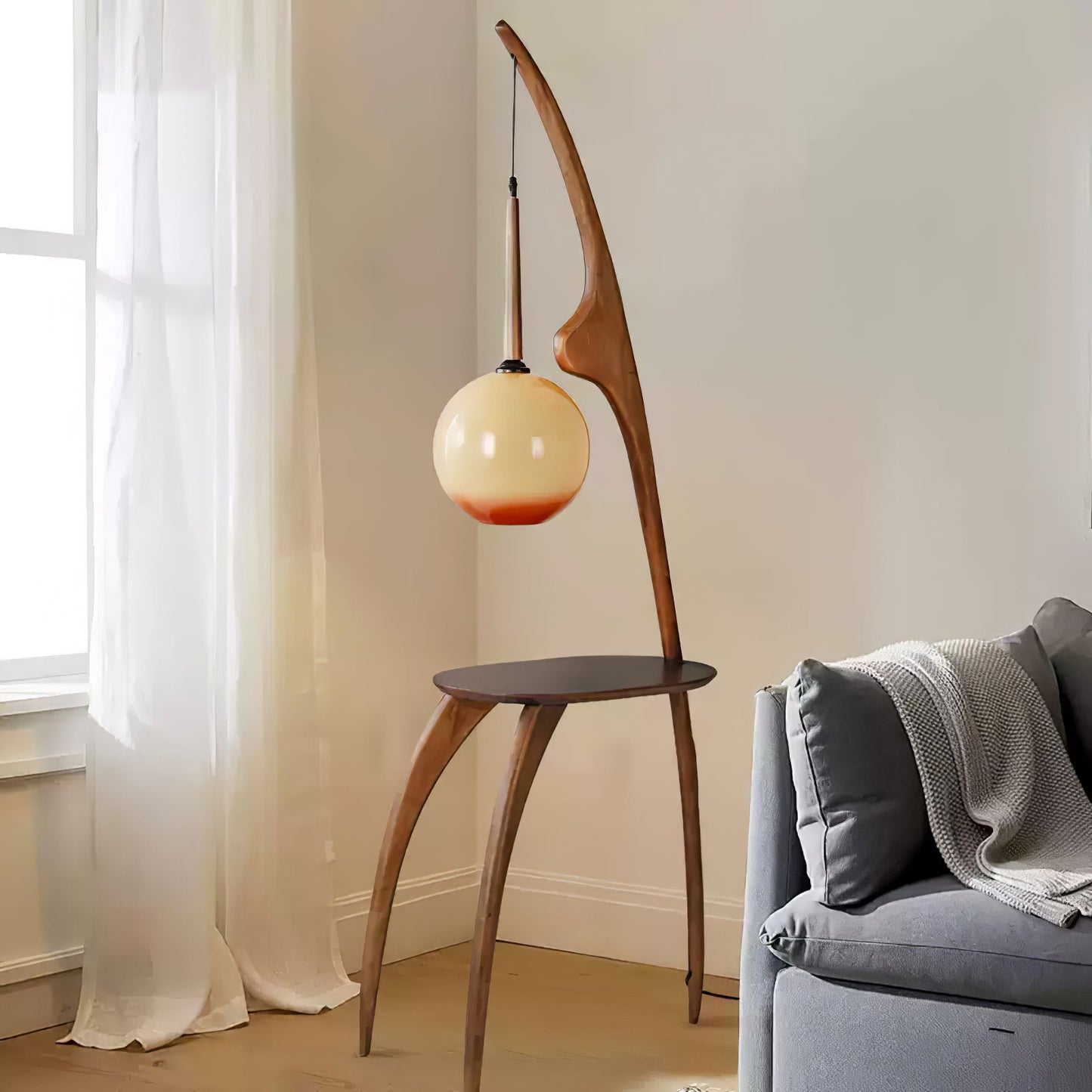 Curved Mantis Arm Floor Lamp with Amber Glass Shade