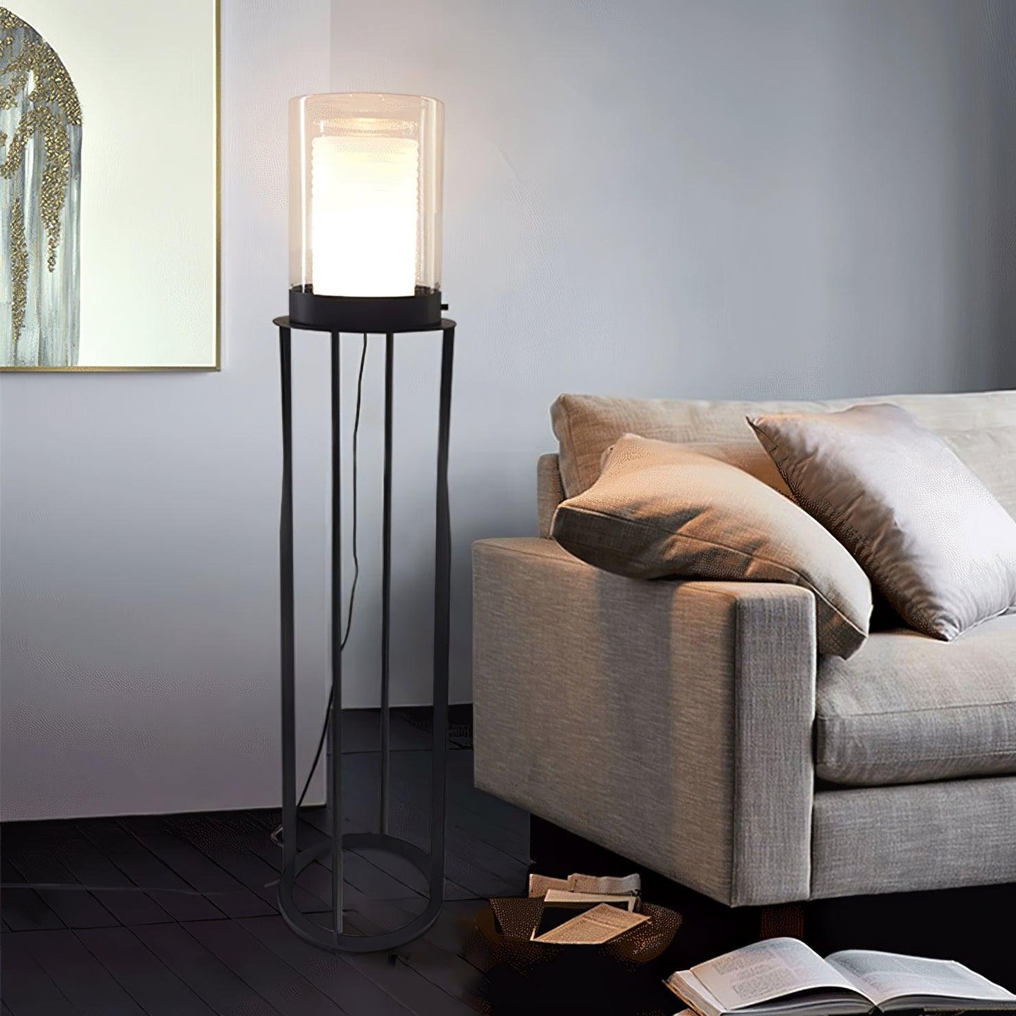 Dual Cylinder Glass Floor Lamp with LED Light, Black